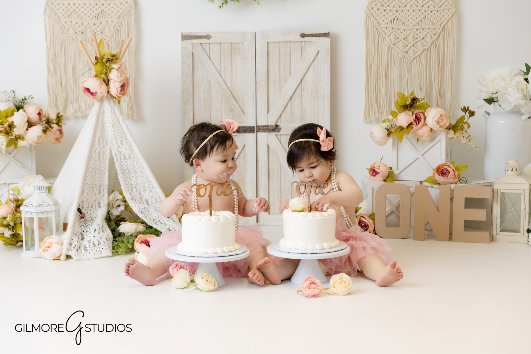 Boho style first birthday photography Newport Coast rustic cake smash session, Neutral tones boho cake smash portrait Newport Coast photographer
