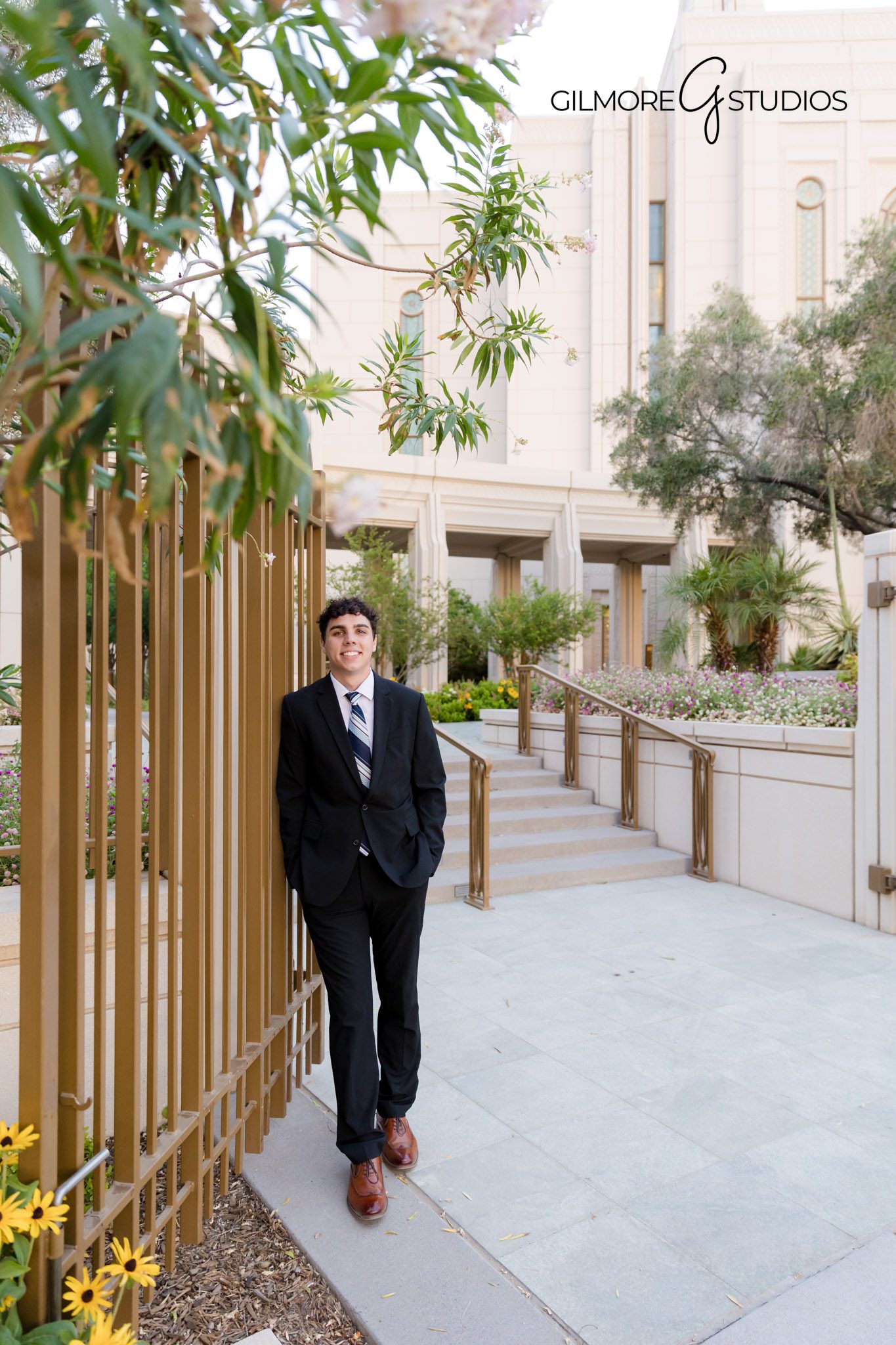 LDS missionary holding scriptures at Gilbert Arizona Temple
Gilbert AZ temple portrait of LDS elder in suit