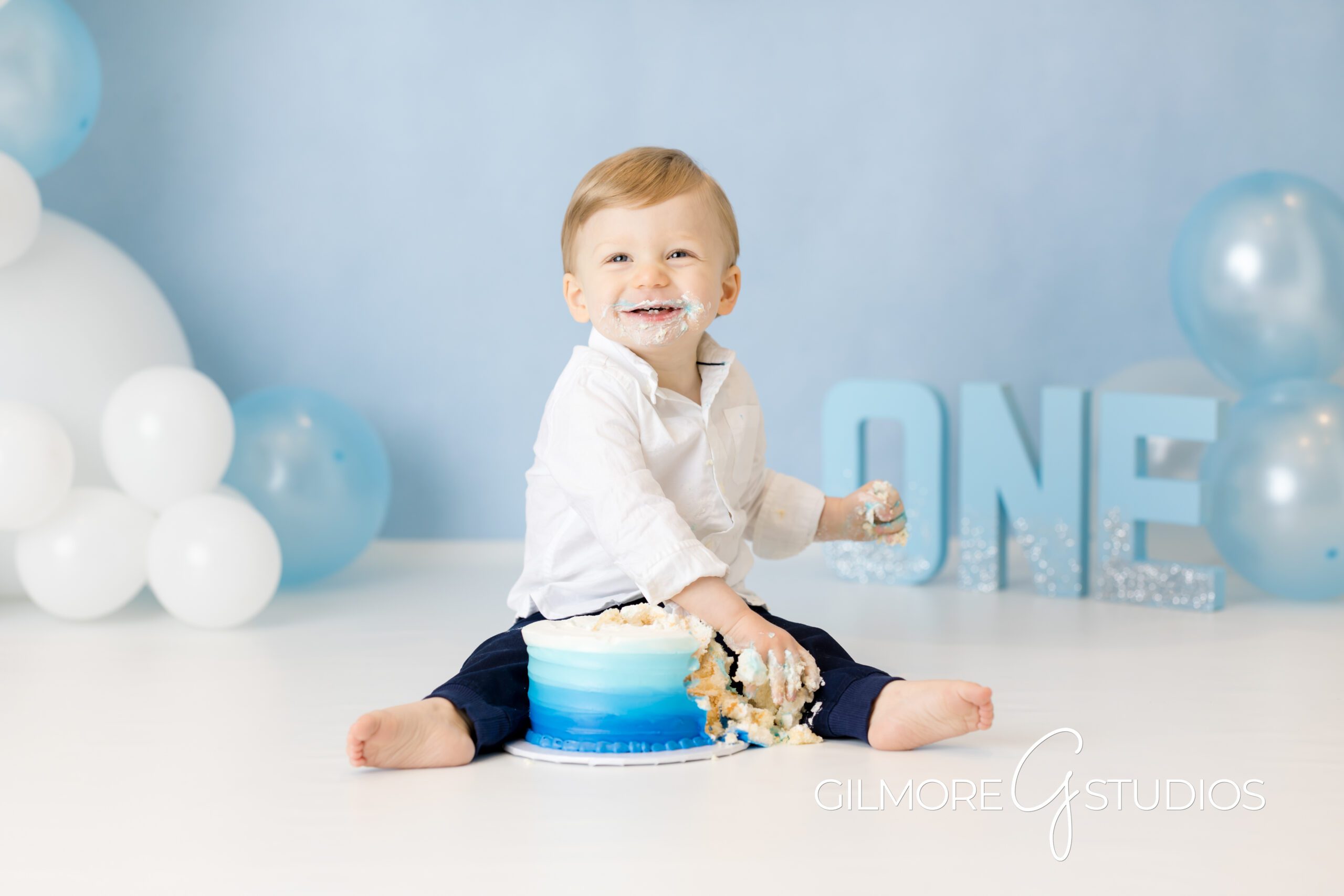 Gilbert AZ cake smash studio baby boy blue theme milestone photos, First birthday cake smash ideas Gilbert Arizona baby boy photographer