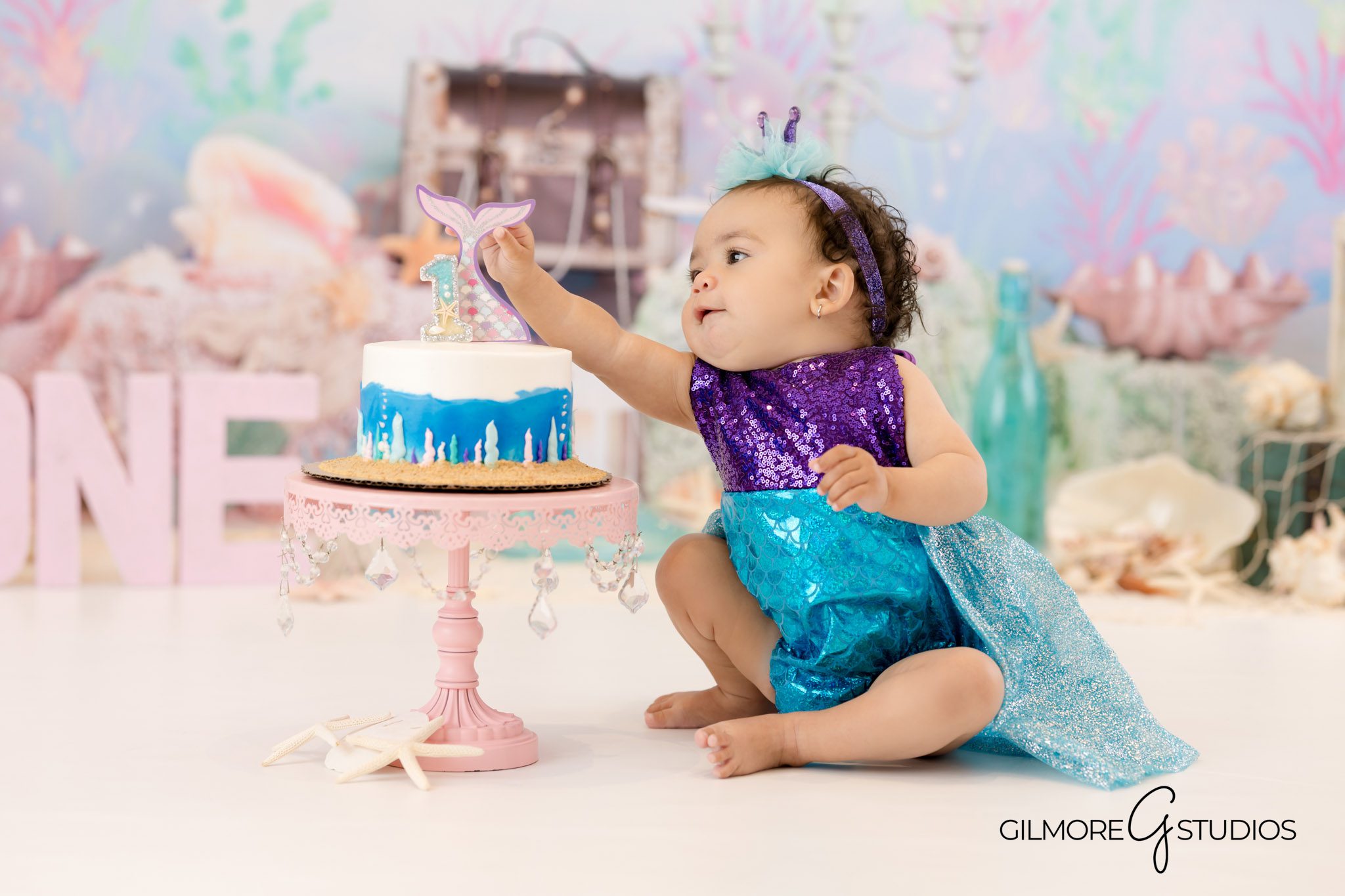 Mermaid first birthday cake smash photos Gilbert Arizona photography studio, Gilbert Arizona mermaid birthday portraits baby photographer professional session
