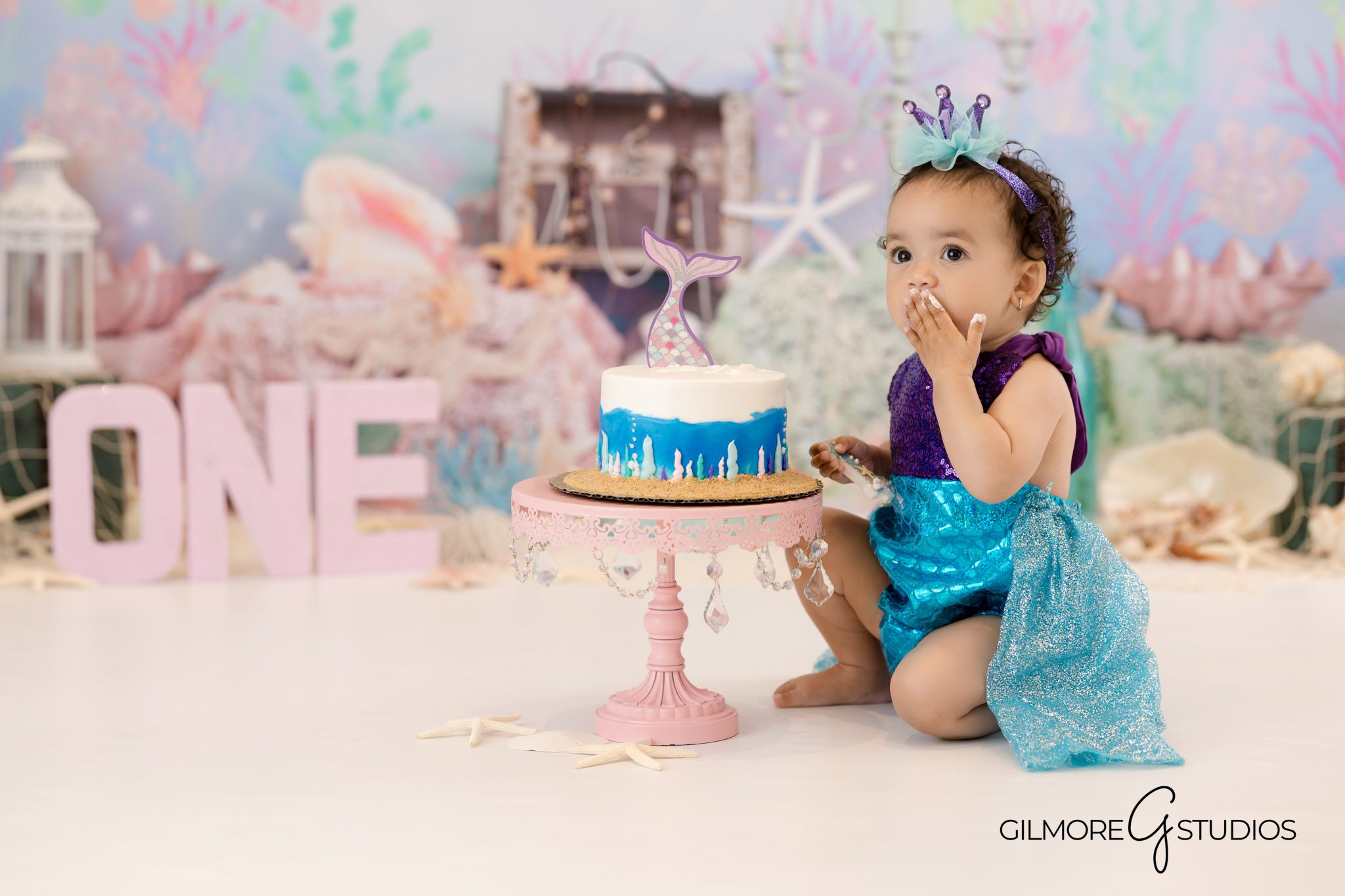 Mermaid cake smash portraits Gilbert Arizona studio baby photographer, Professional cake smash birthday photographer Gilbert AZ mermaid baby portraits