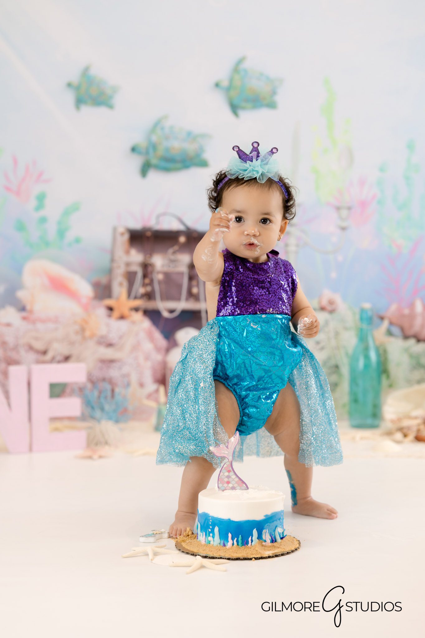 Baby cake smash photography Gilbert AZ mermaid theme first birthday portraits, Mermaid birthday baby photographer Gilbert Arizona cake smash professional photos