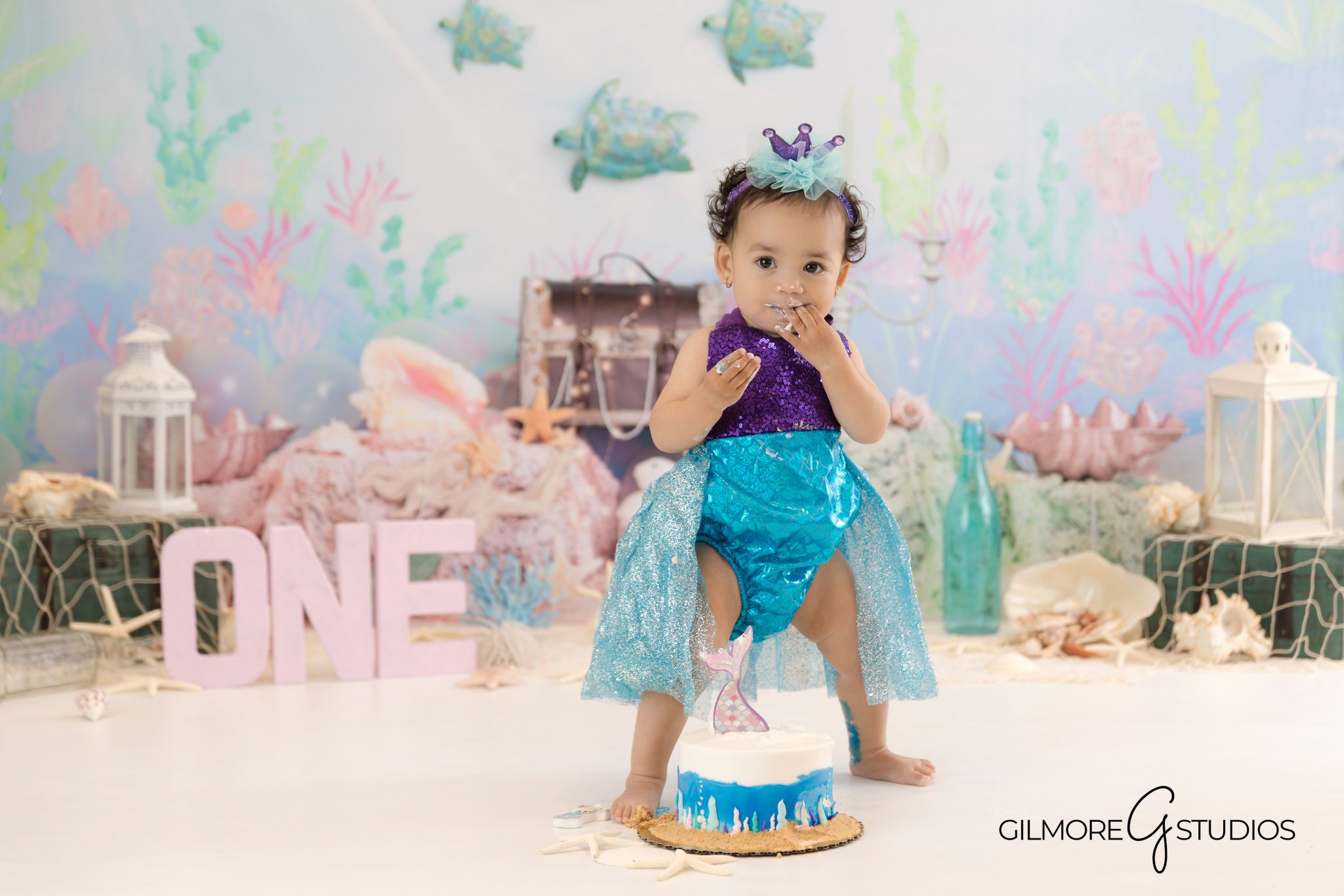 Mermaid cake smash birthday photographer Gilbert Arizona studio portraits, Gilbert Arizona baby photographer mermaid first birthday cake smash session