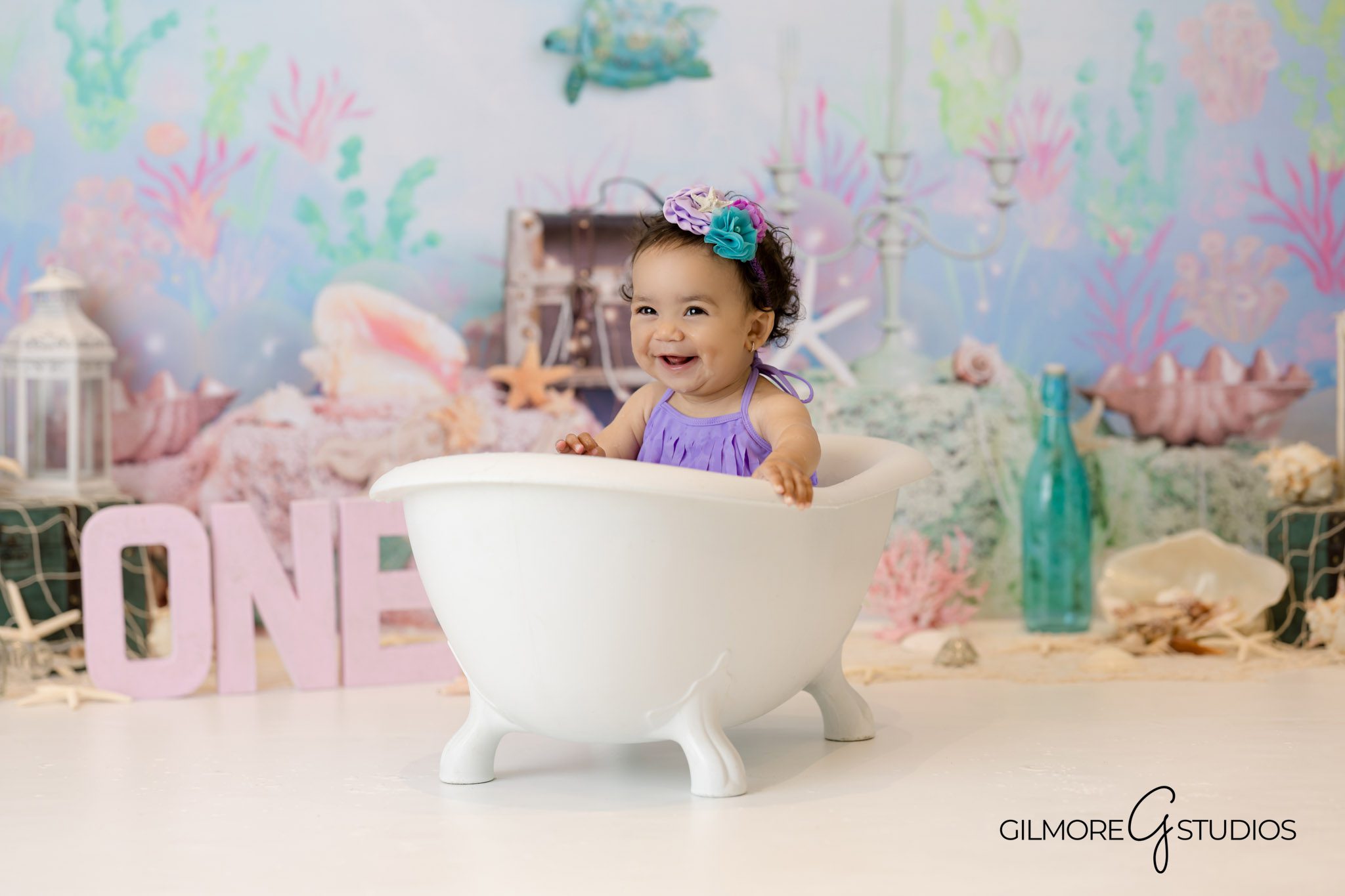 Mermaid theme baby portraits Gilbert Arizona cake smash first birthday photos, Gilbert Arizona professional photographer mermaid cake smash studio portraits