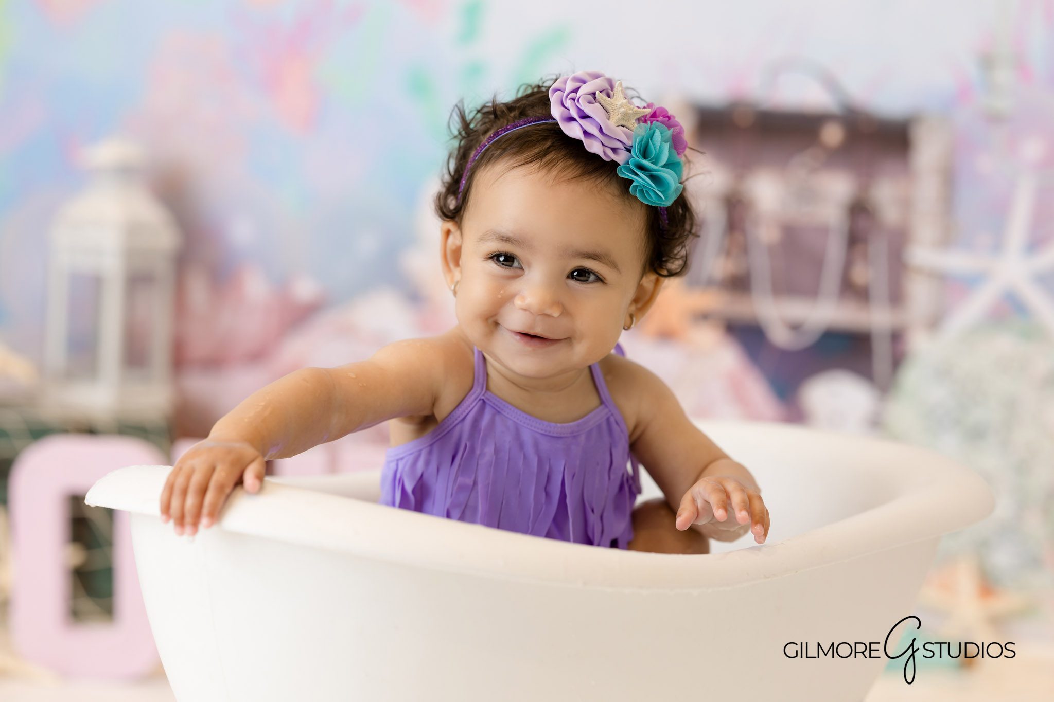 Baby birthday portraits Gilbert AZ photography studio mermaid theme cake smash, Mermaid cake smash Gilbert Arizona baby photographer first birthday session