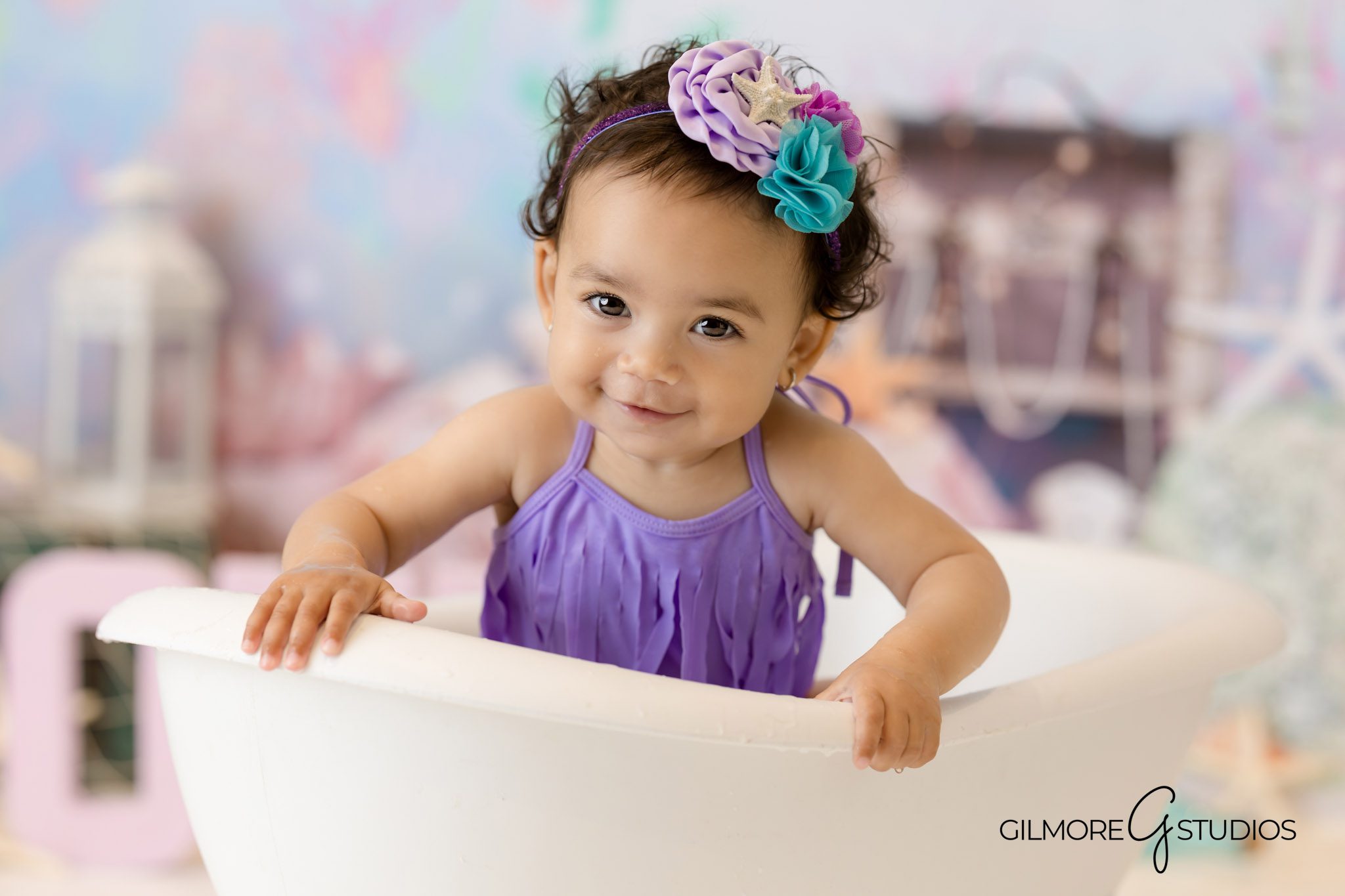 Gilbert Arizona mermaid cake smash studio portraits baby birthday photographer, Mermaid theme birthday photography Gilbert Arizona cake smash studio portraits