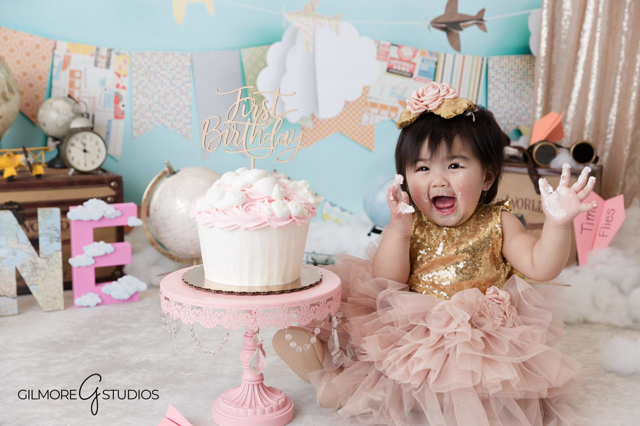 Pink Time Flies cake smash Gilbert AZ baby girl first birthday portraits, Gilbert Arizona photographer pink Time Flies theme cake smash for baby girl