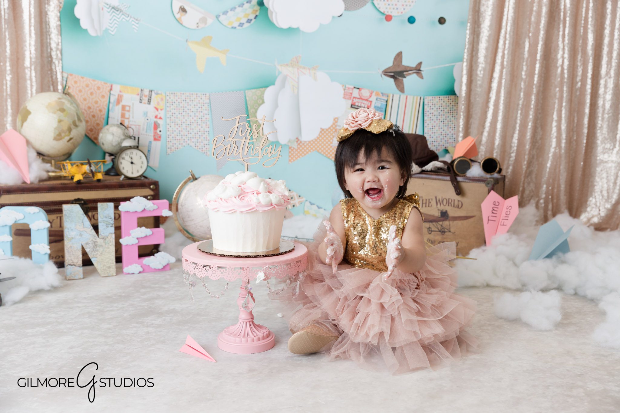 First birthday cake smash session Gilbert Arizona pink Time Flies theme portraits, Gilbert AZ baby girl cake smash pink Time Flies photography milestone pictures