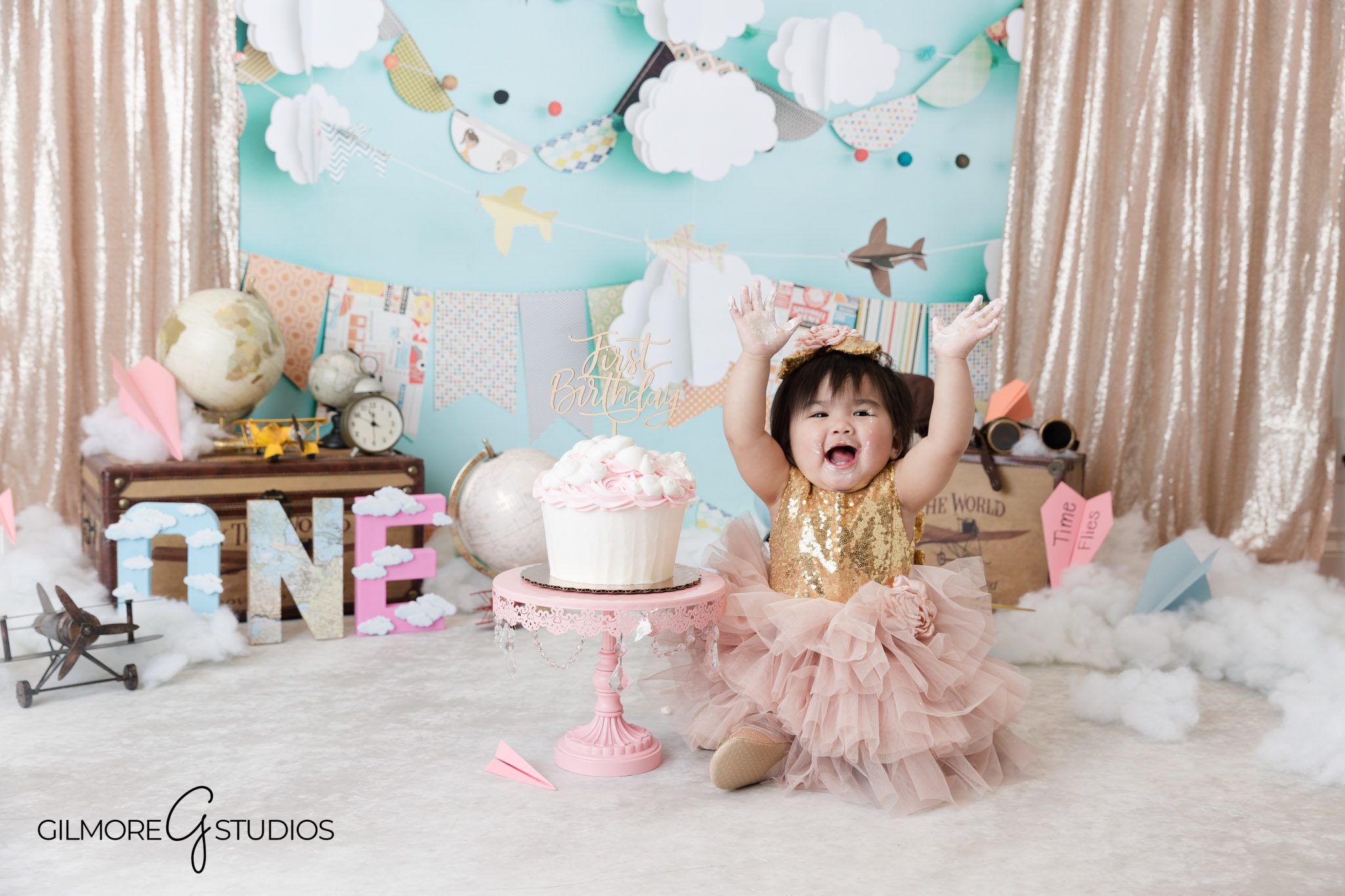 Whimsical Pink Time Flies cake smash portraits Gilbert Arizona studio photographer, Baby girl birthday photoshoot Gilbert AZ cake smash pink Time Flies portraits