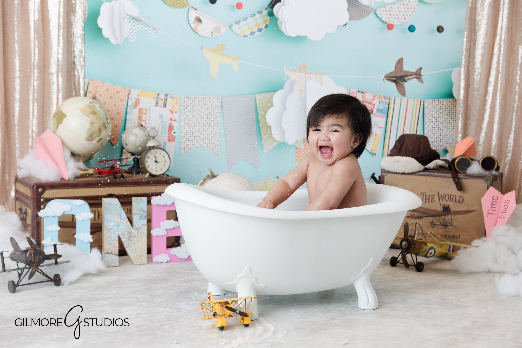 Baby girl one year birthday portraits Gilbert AZ pink Time Flies cake smash photos, Cake smash photography Gilbert AZ pink Time Flies theme for baby girl session