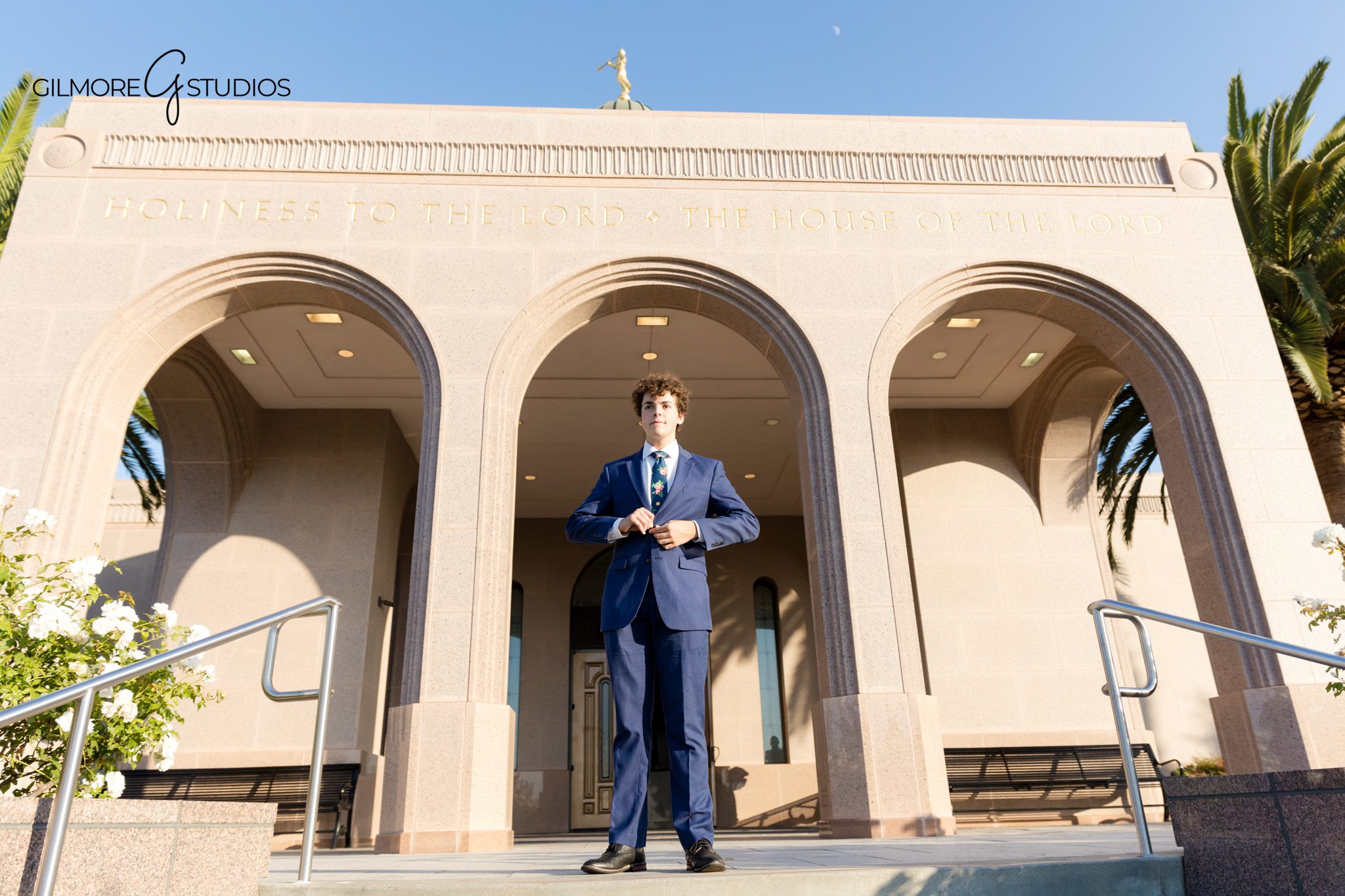 Newport Beach elder portrait photographer capturing crisp professional image.

LDS missionary photography featuring blue skies and coastal tones.
