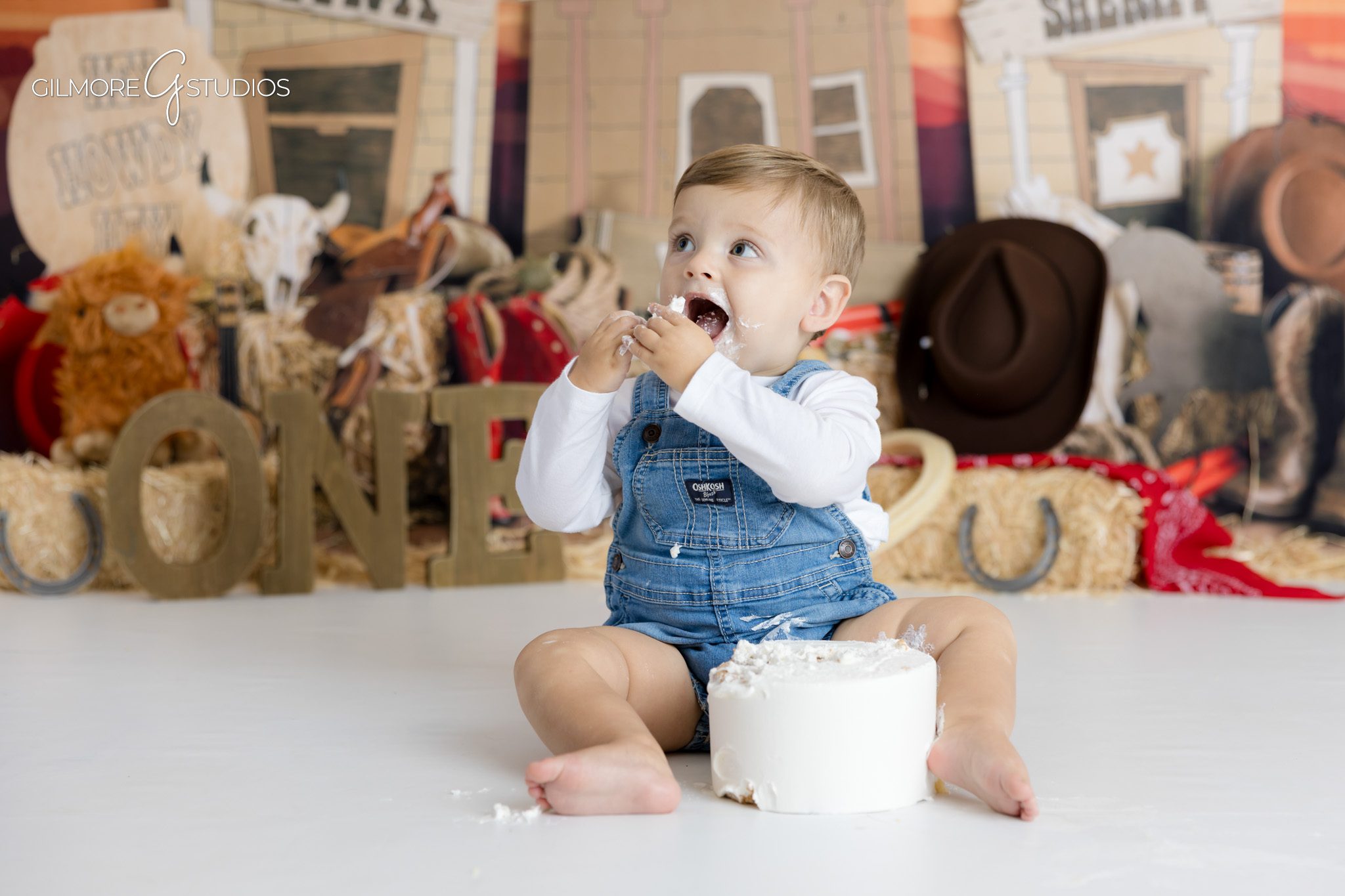 Arizona photographer capturing rustic first birthday portrait,

Cowboy roundup themed baby photoshoot in Scottsdale studio