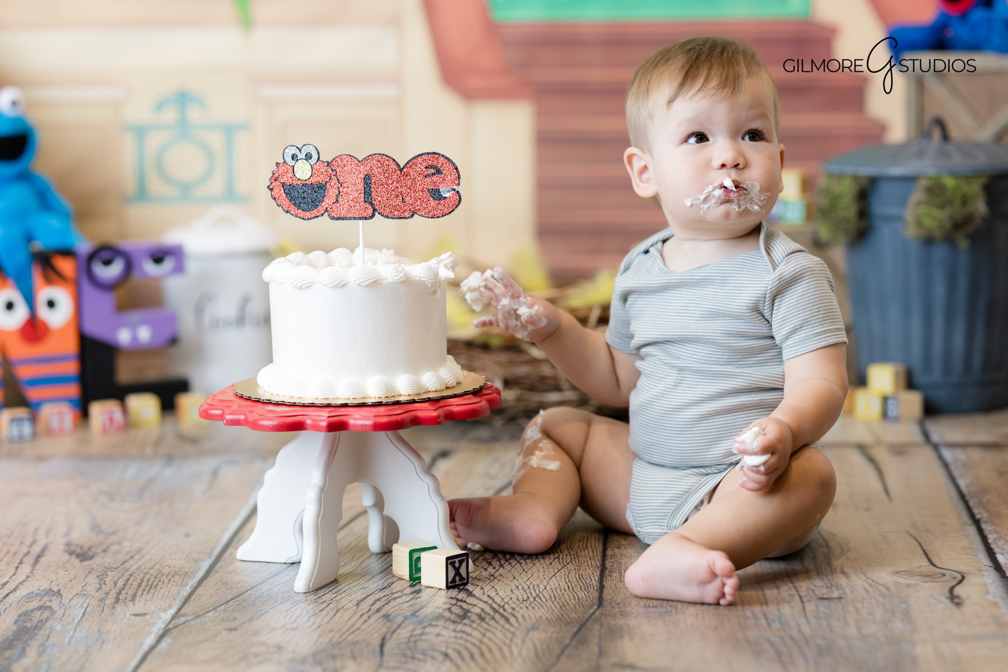 Baby portrait photography with Sesame Street balloons.

Santa Ana birthday photographer documenting playful cake smash.