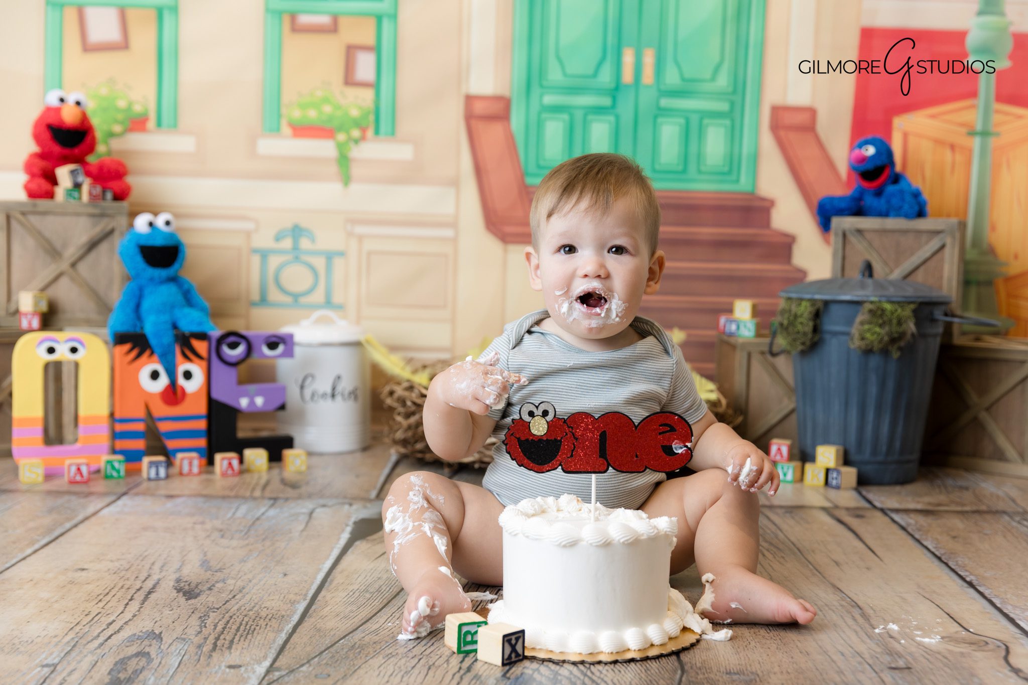 Elmo birthday portraits with bright red backdrop.

Baby exploring themed cake during smash photography.