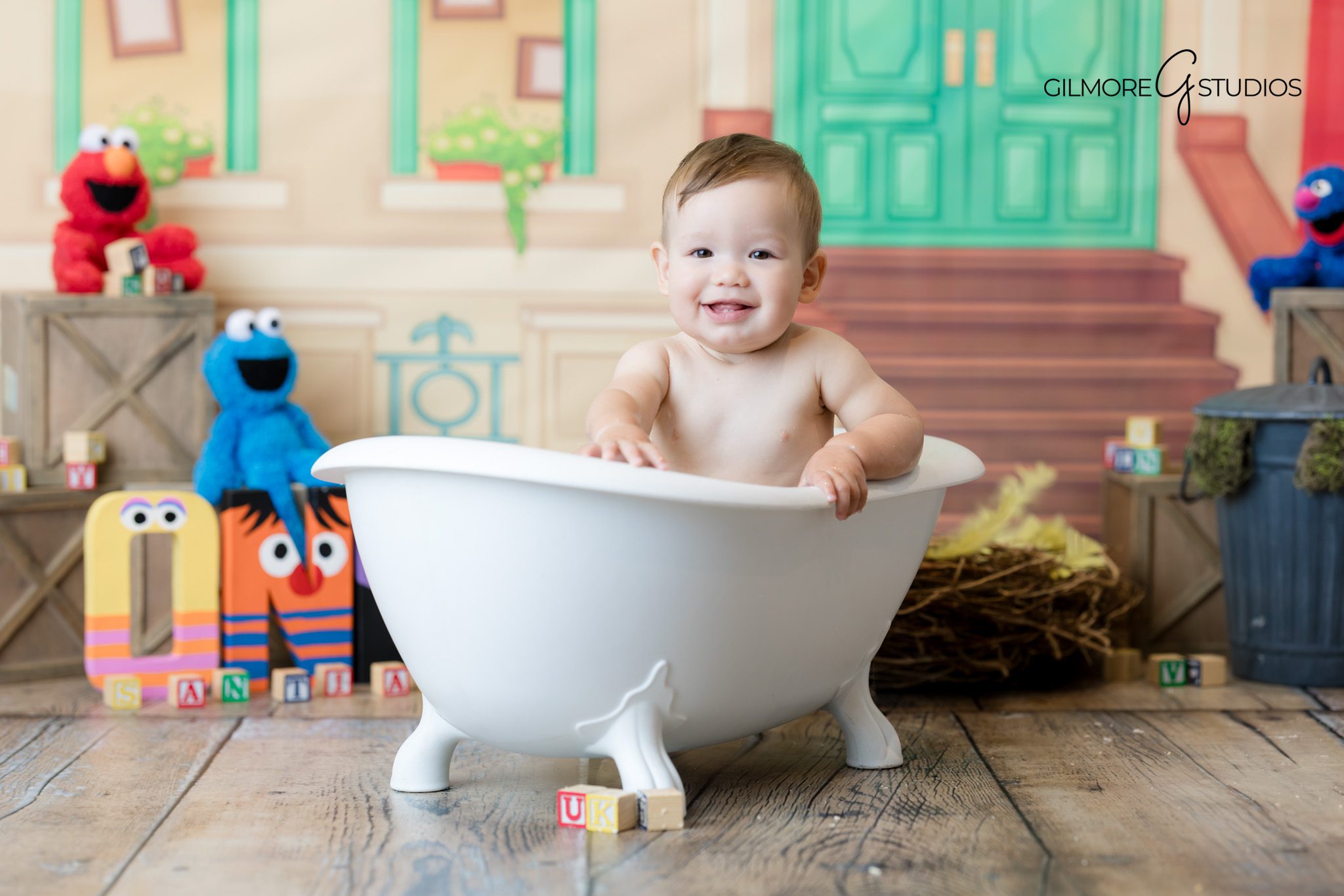Colorful Sesame Street photography for milestone session.

Santa Ana studio photographer capturing baby laughing.