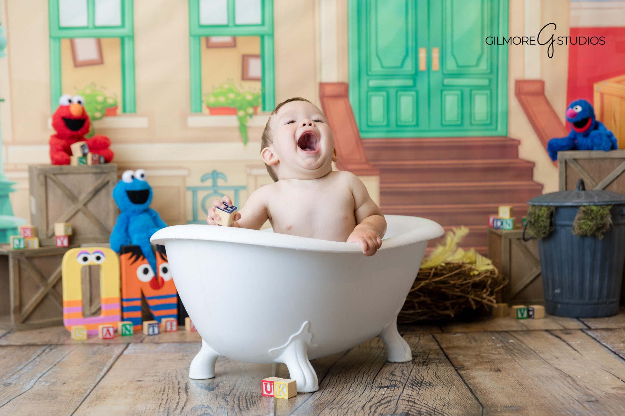 Baby smiling at camera during Elmo portrait session.

Photographer capturing milestone with Sesame Street setup.