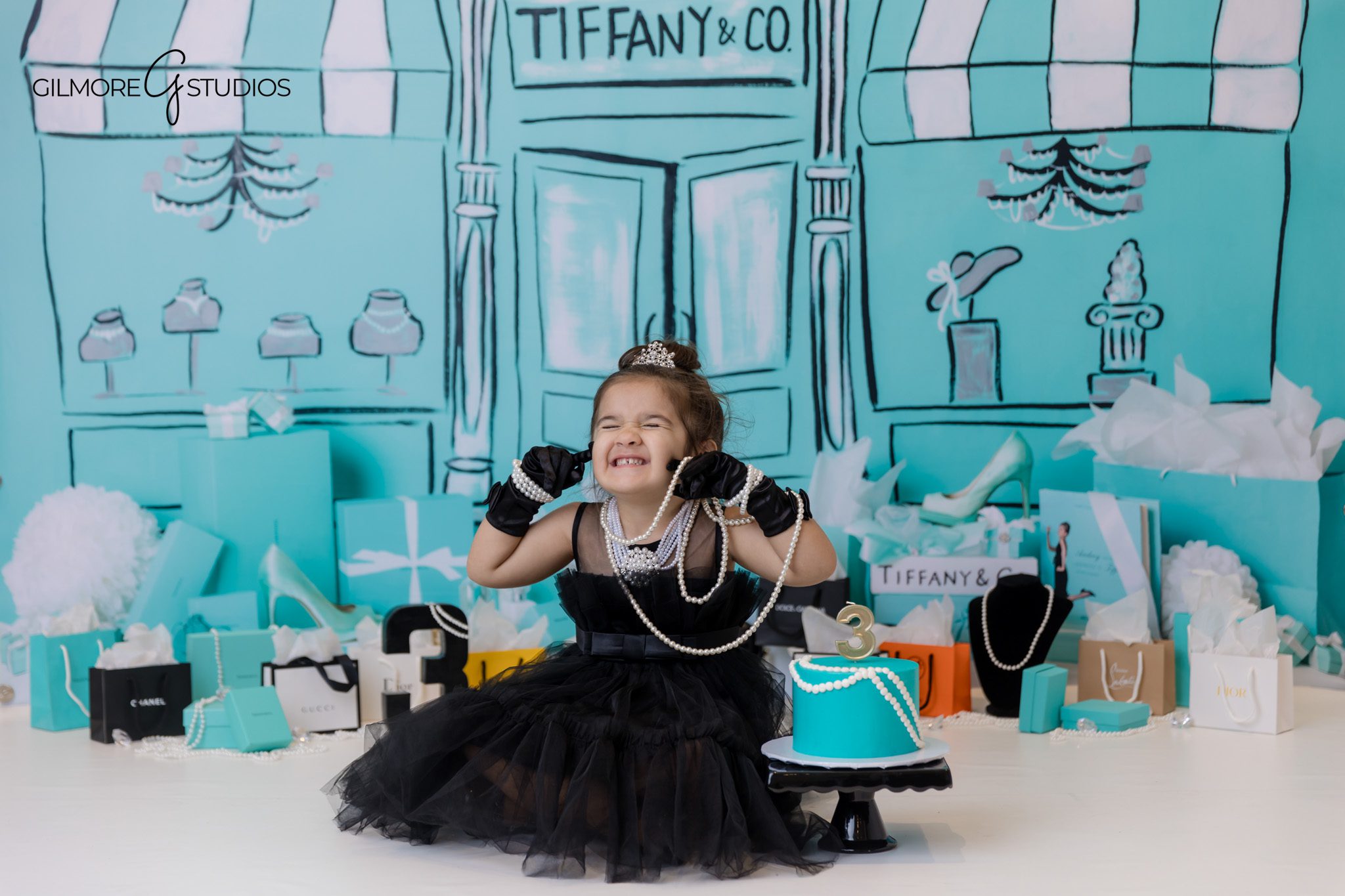 Tiffany’s theme portrait photography of birthday girl in matching dress.
Orange County photographer capturing Tiffany inspired birthday session.