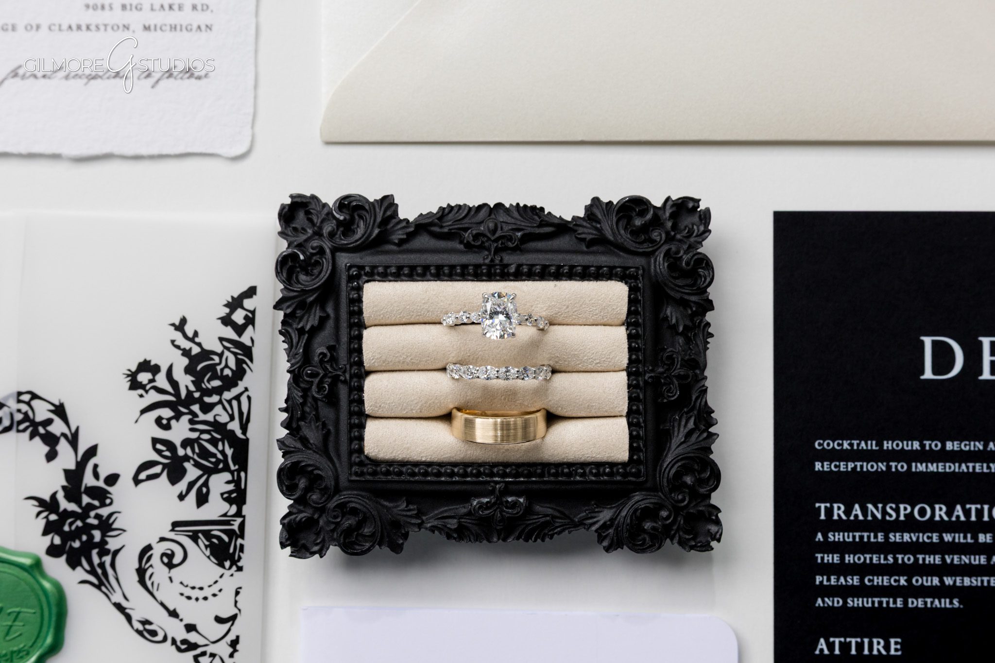 Michigan photographer capturing bridal details and accessories.

Romantic portrait photography of couple embracing under pine trees.