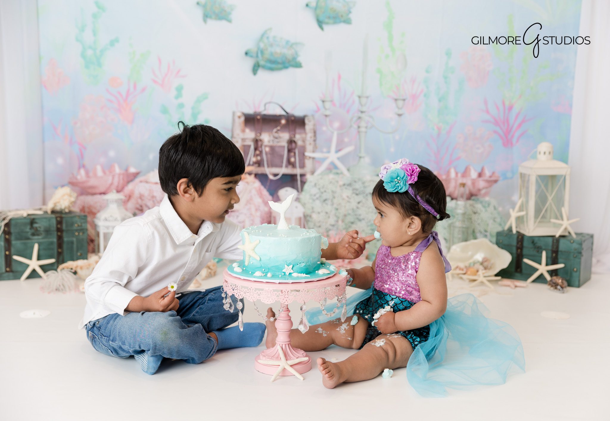 Indoor mermaid themed cake smash photographer Orange County CA

Baby girl milestone mermaid cake smash portraits Orange County photographer