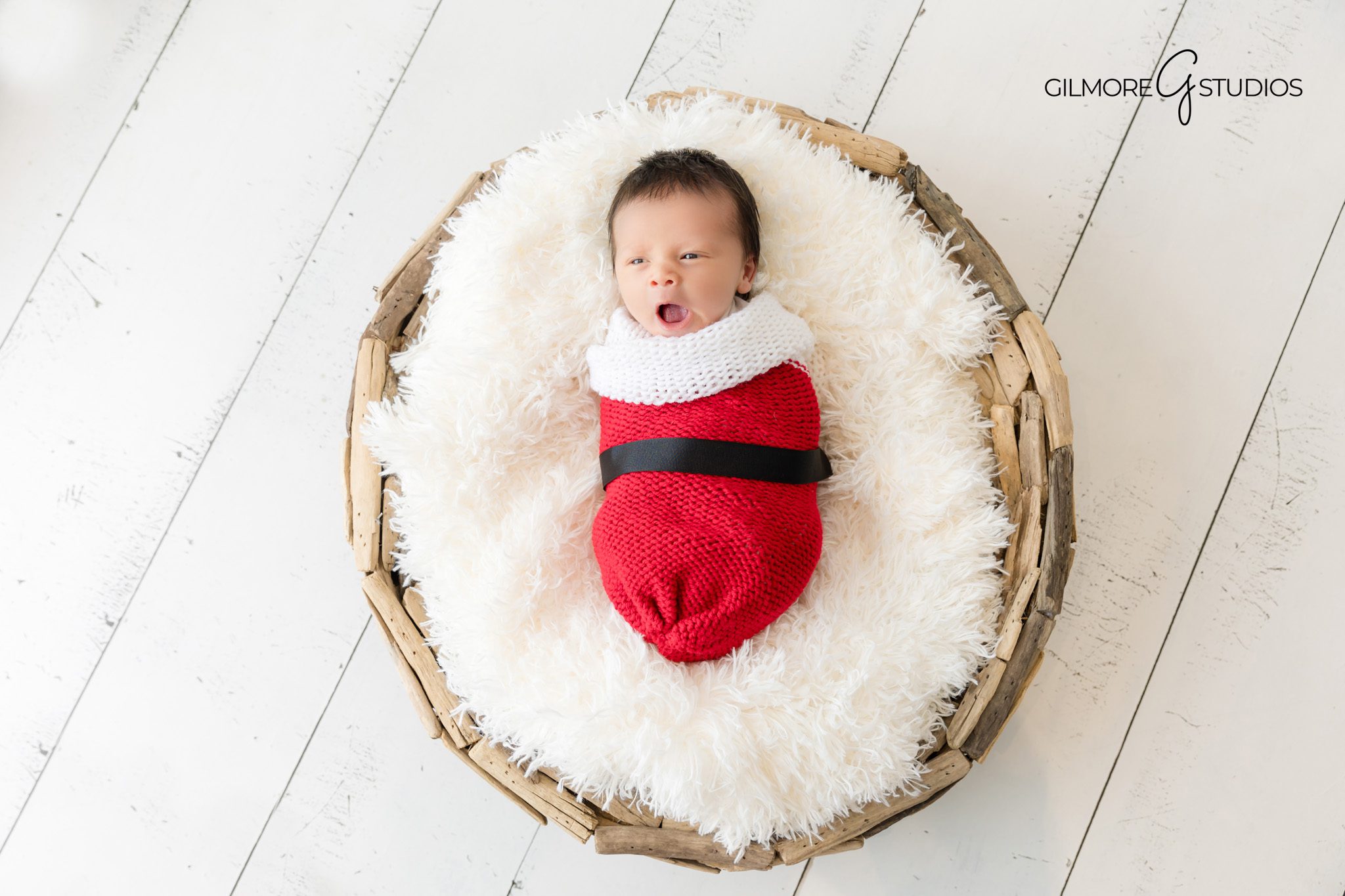 Newborn baby photographed with winter styling
Calm newborn portrait with seasonal touches