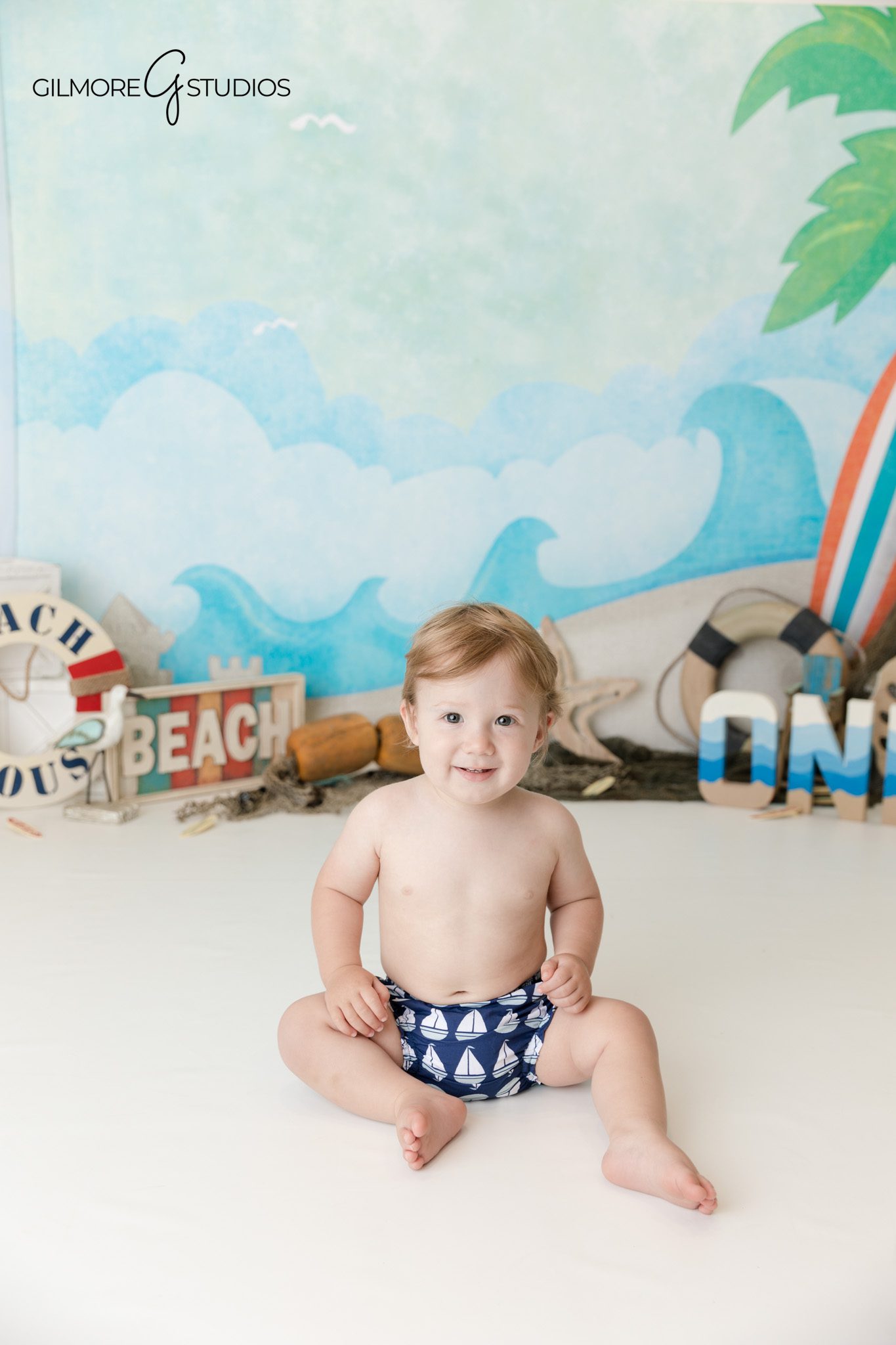 Beach inspired first birthday milestone session photographed in Orange County
Baby birthday portrait photography beach theme in Orange County studio