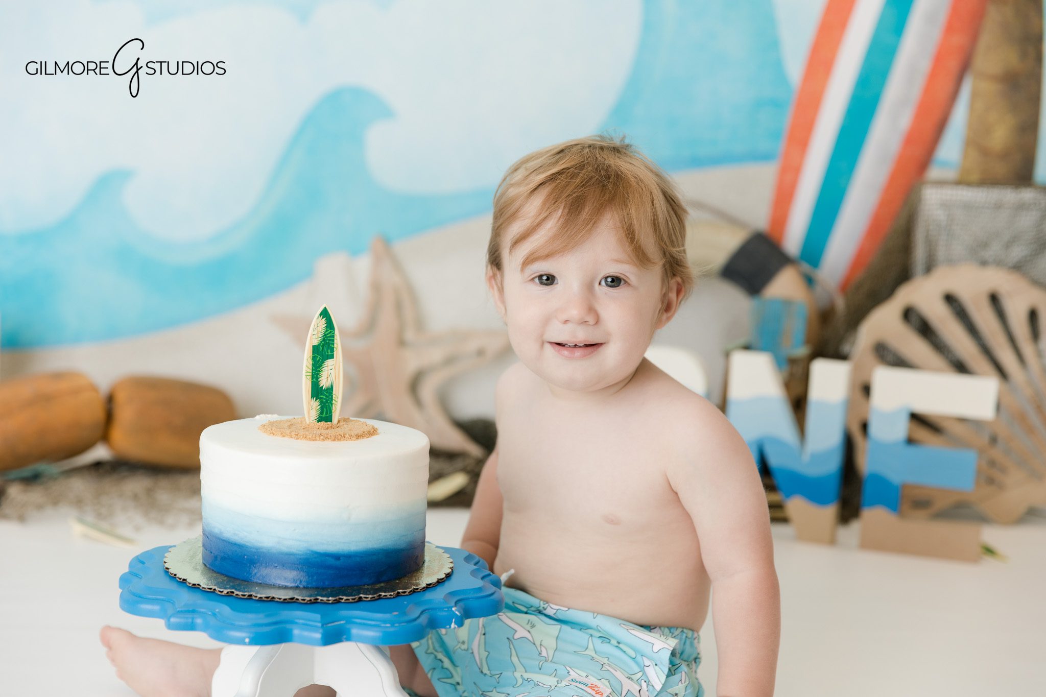 Coastal themed milestone portraits captured in Orange County photography studio
First birthday cake smash photography beach theme Orange County CA