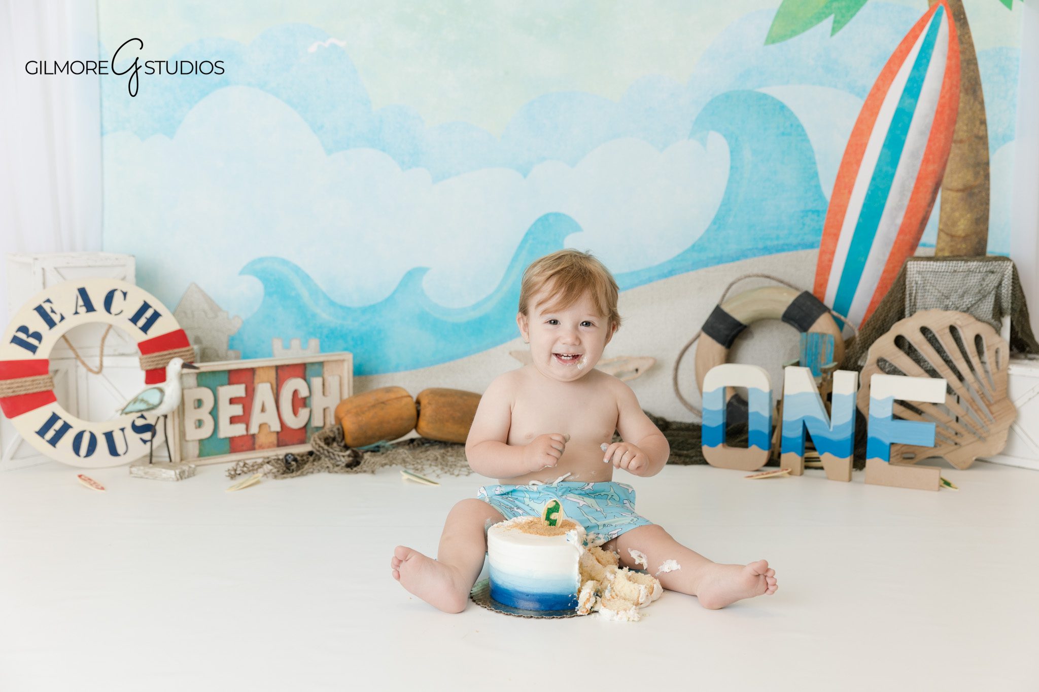 Indoor beach themed baby milestone photography Orange County CA
First birthday portrait session ocean theme in Orange County studio