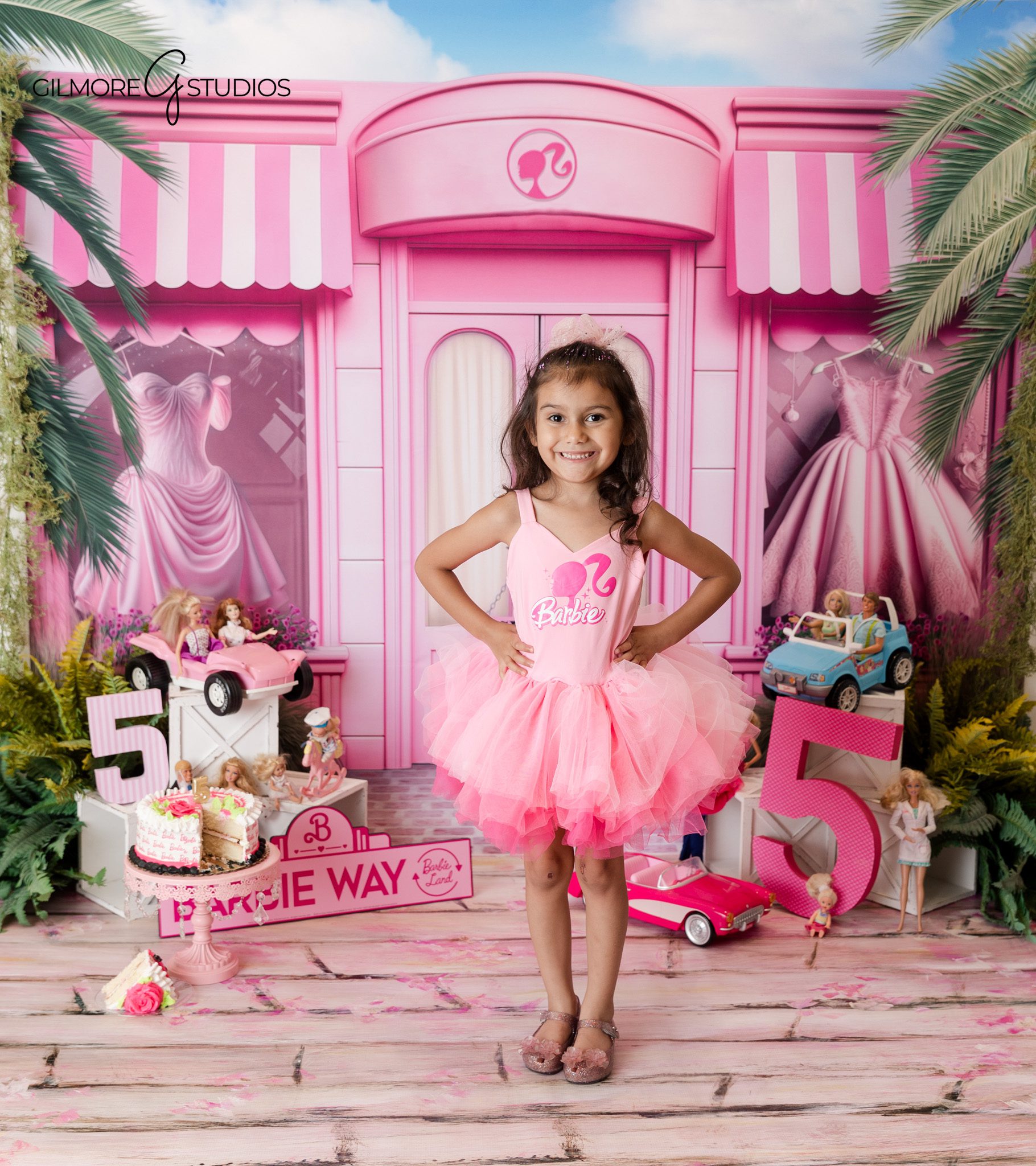 Barbie themed photography portrait showing confidence and personality

5th birthday photography portrait with playful Barbie theme props