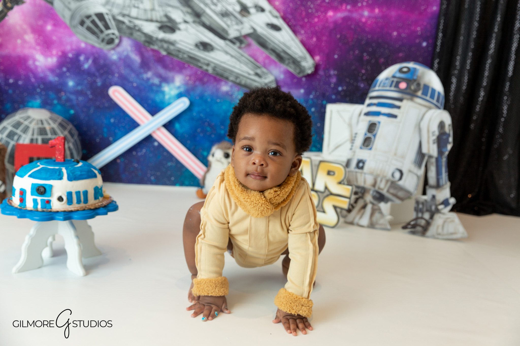 first birthday portrait photographer Newport Beach Star Wars cake smash baby boy
Newport Beach baby portrait photography themed birthday Star Wars setup