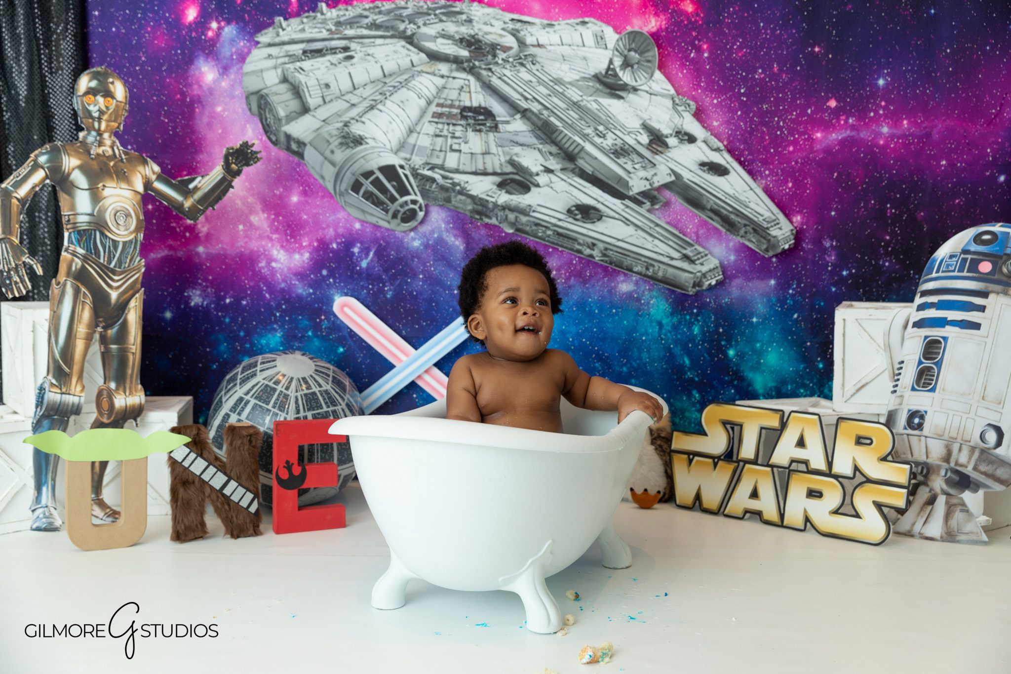 first birthday portrait photographer Newport Beach space theme birthday baby
Newport Beach baby portrait photography galaxy themed cake smash session