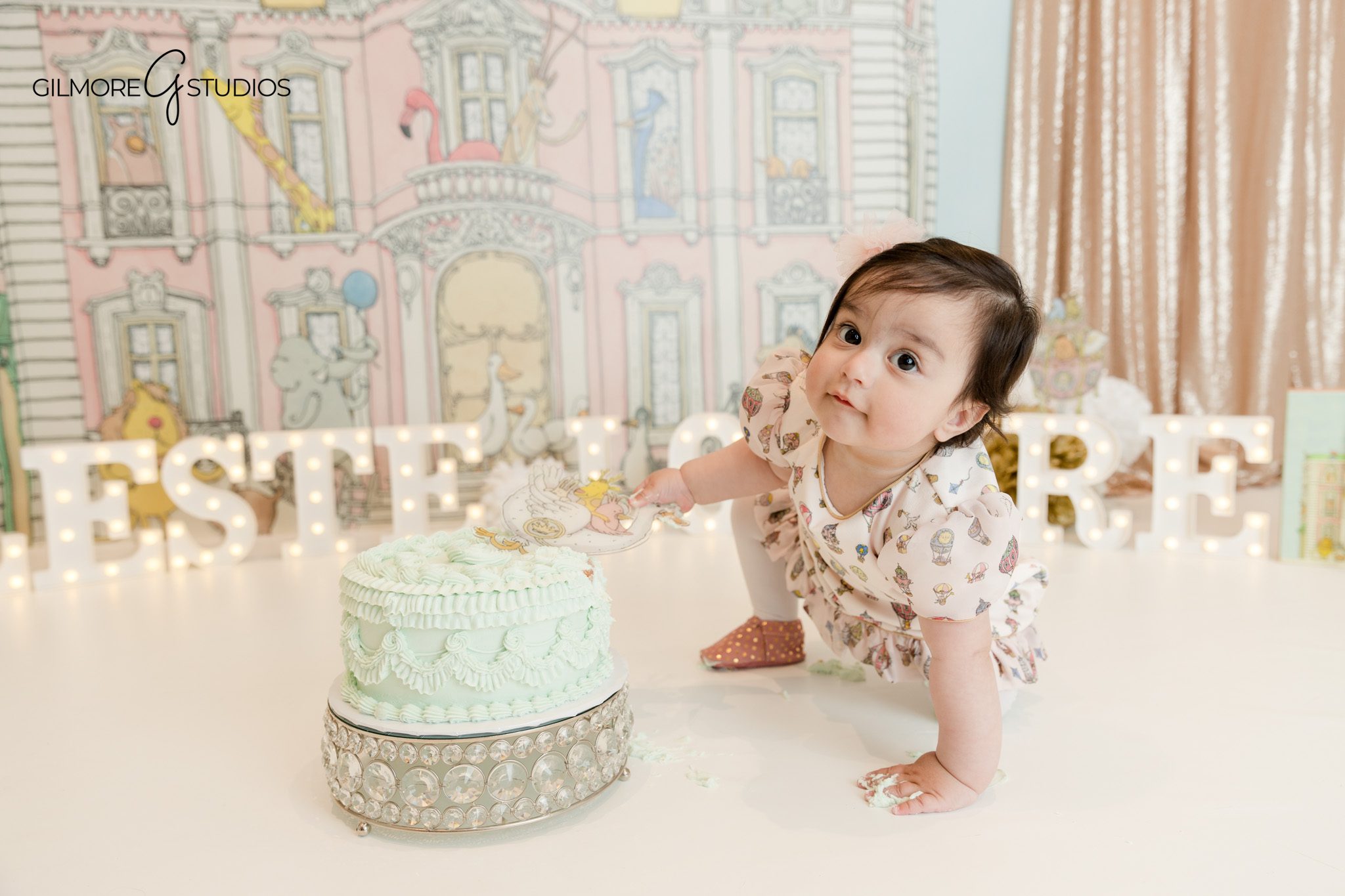 Phoenix cake smash photographer baby reaching for cake
Baby girl milestone photos Phoenix birthday session