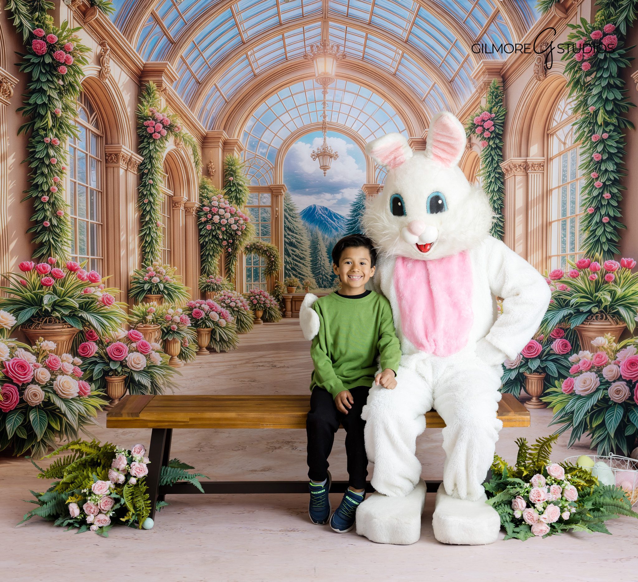 Easter bunny portrait Newport Beach CA boy sitting with bunny and smiling | Newport Beach Easter boy bunny portrait
