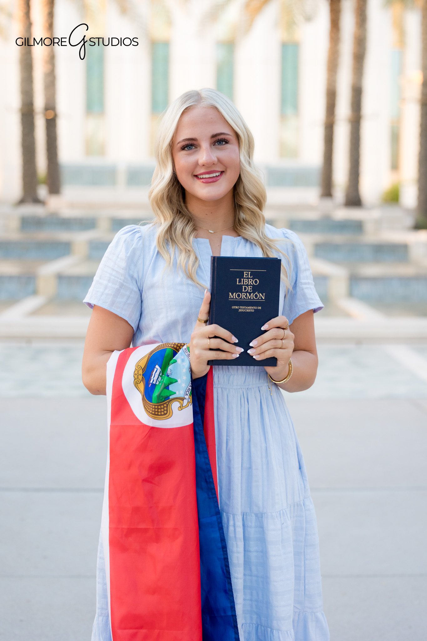 LDS missionary pictures Arizona girl holding Costa Rica flag portrait | Arizona missionary portrait with flag