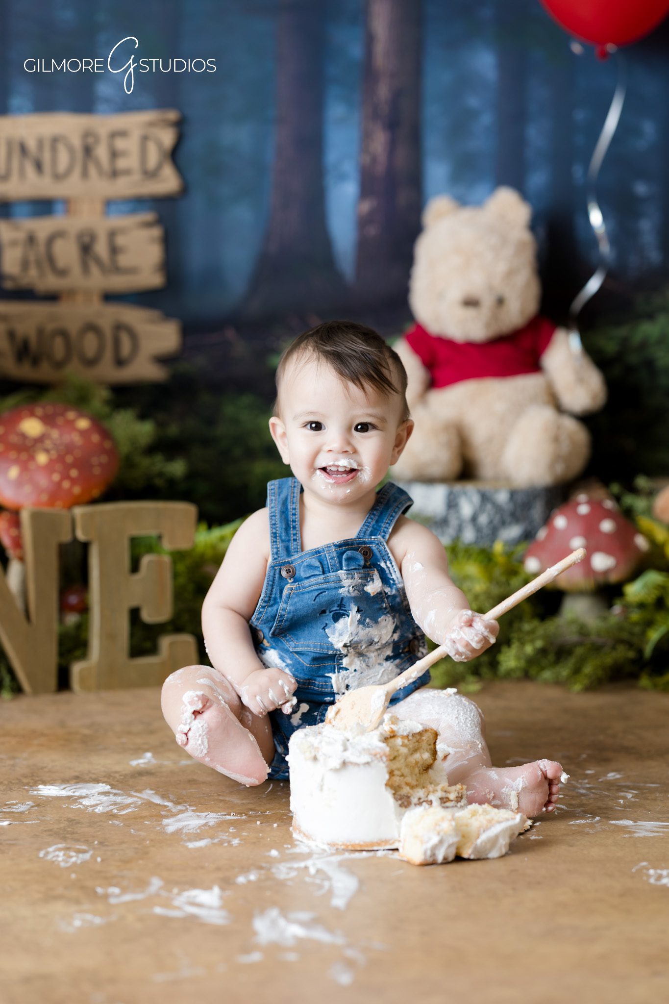 Baby cake smash session Gilbert AZ Winnie the Pooh theme
One year old cake smash Hundred Acre Wood setup Arizona