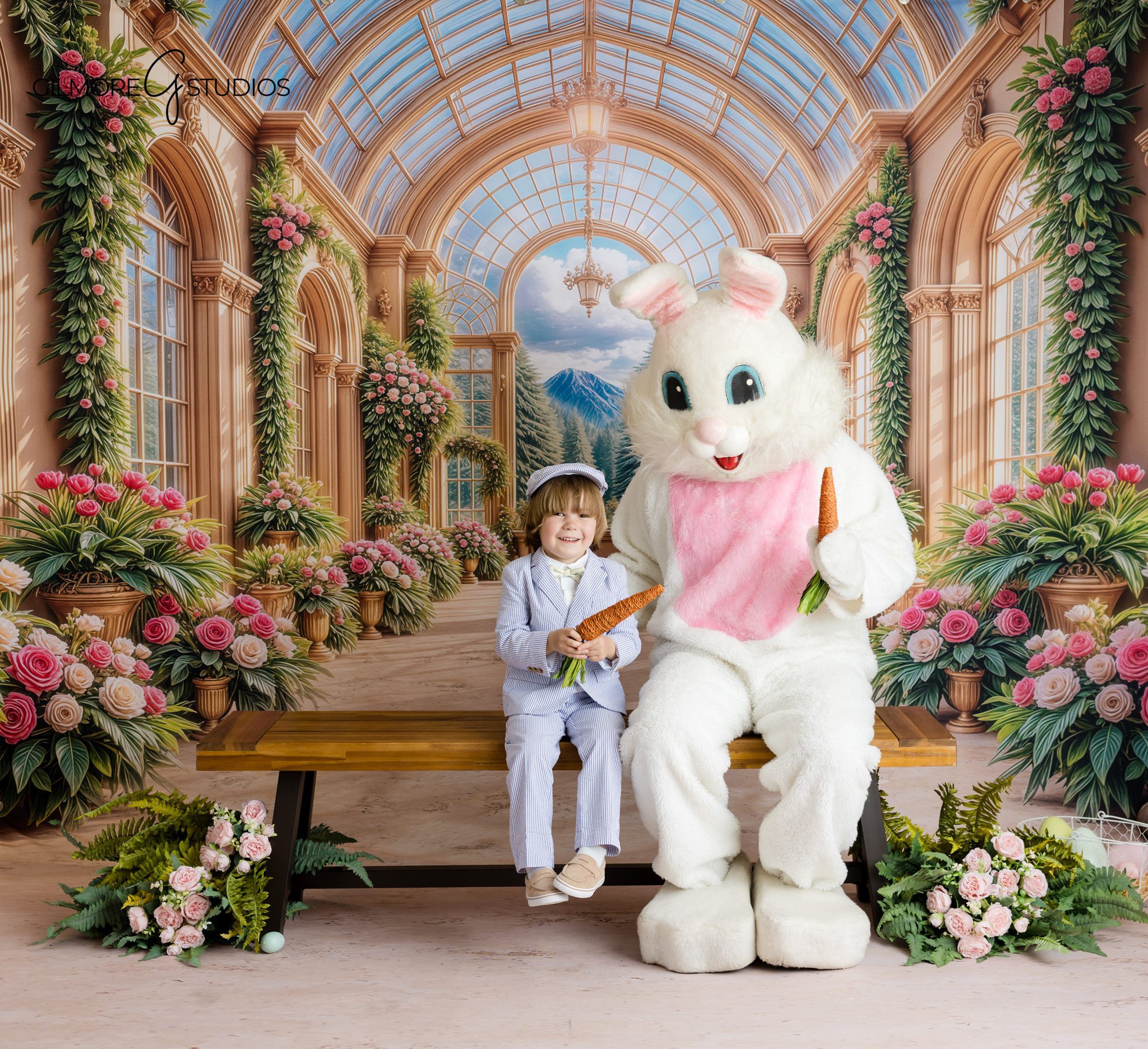 Newport Beach Easter mini sessions child with Easter Bunny floral backdrop
Easter Bunny photos Newport Beach CA boy in blue suit bench portrait