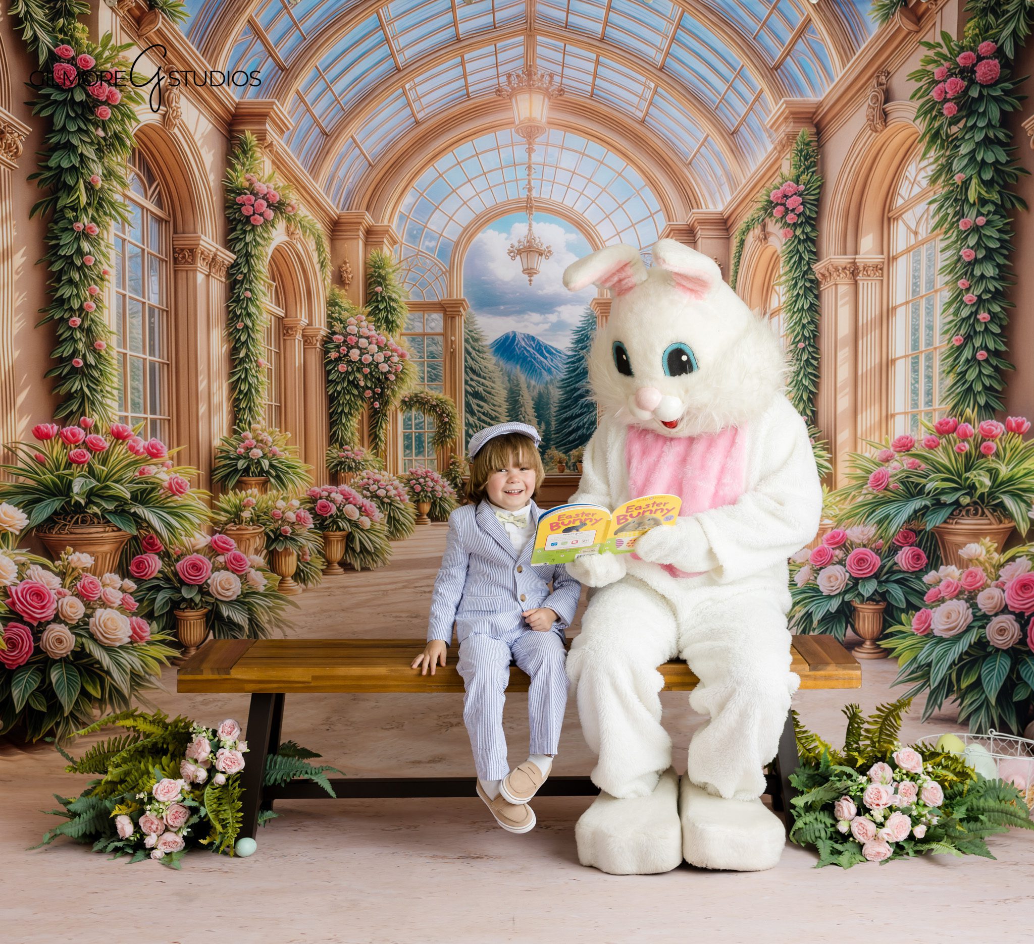 spring mini session Newport Beach child holding carrot with Easter Bunny
Easter portraits Newport Beach floral garden set with child and bunny