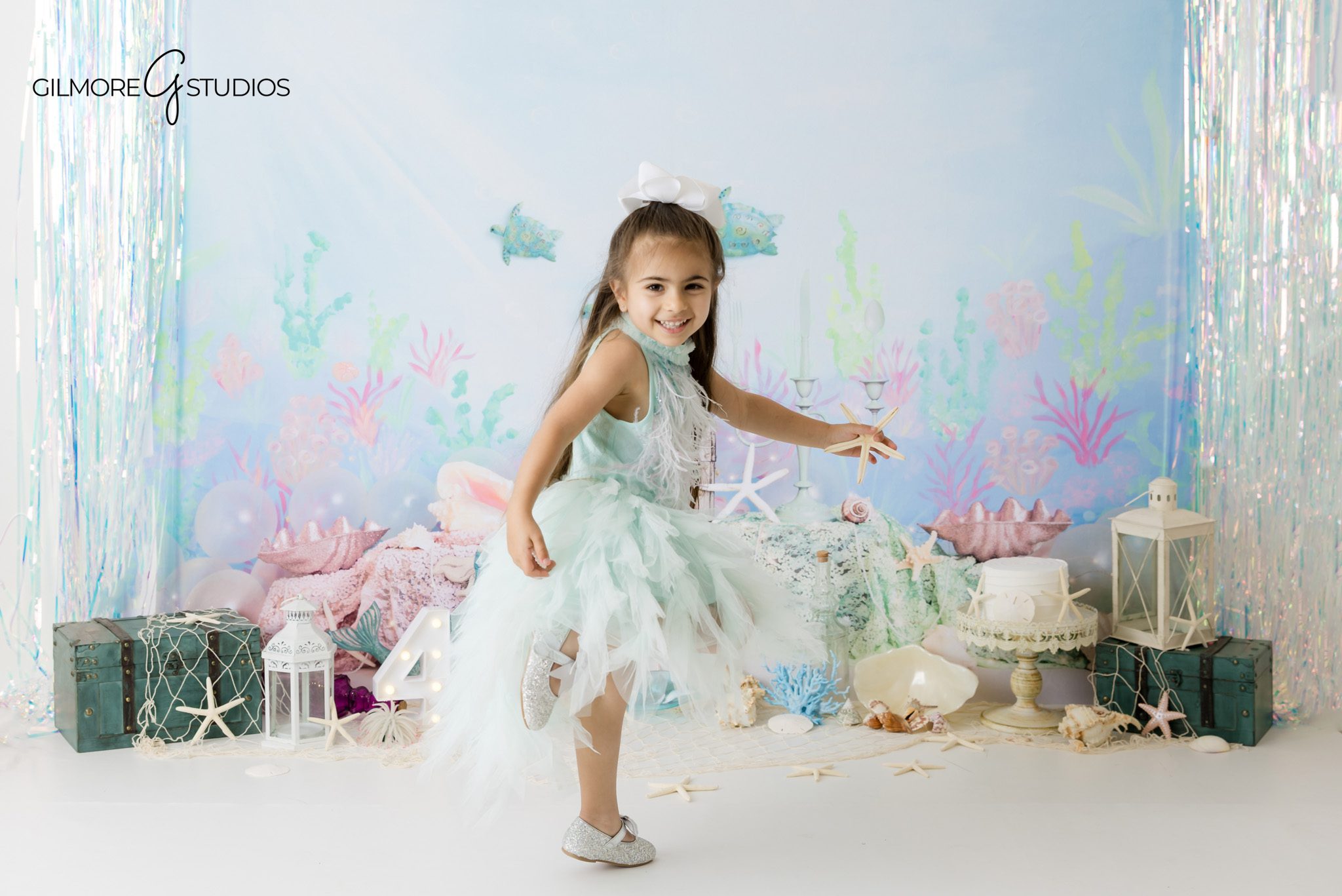 sibling milestone portraits in aqua dresses, children’s portrait photographer East Valley