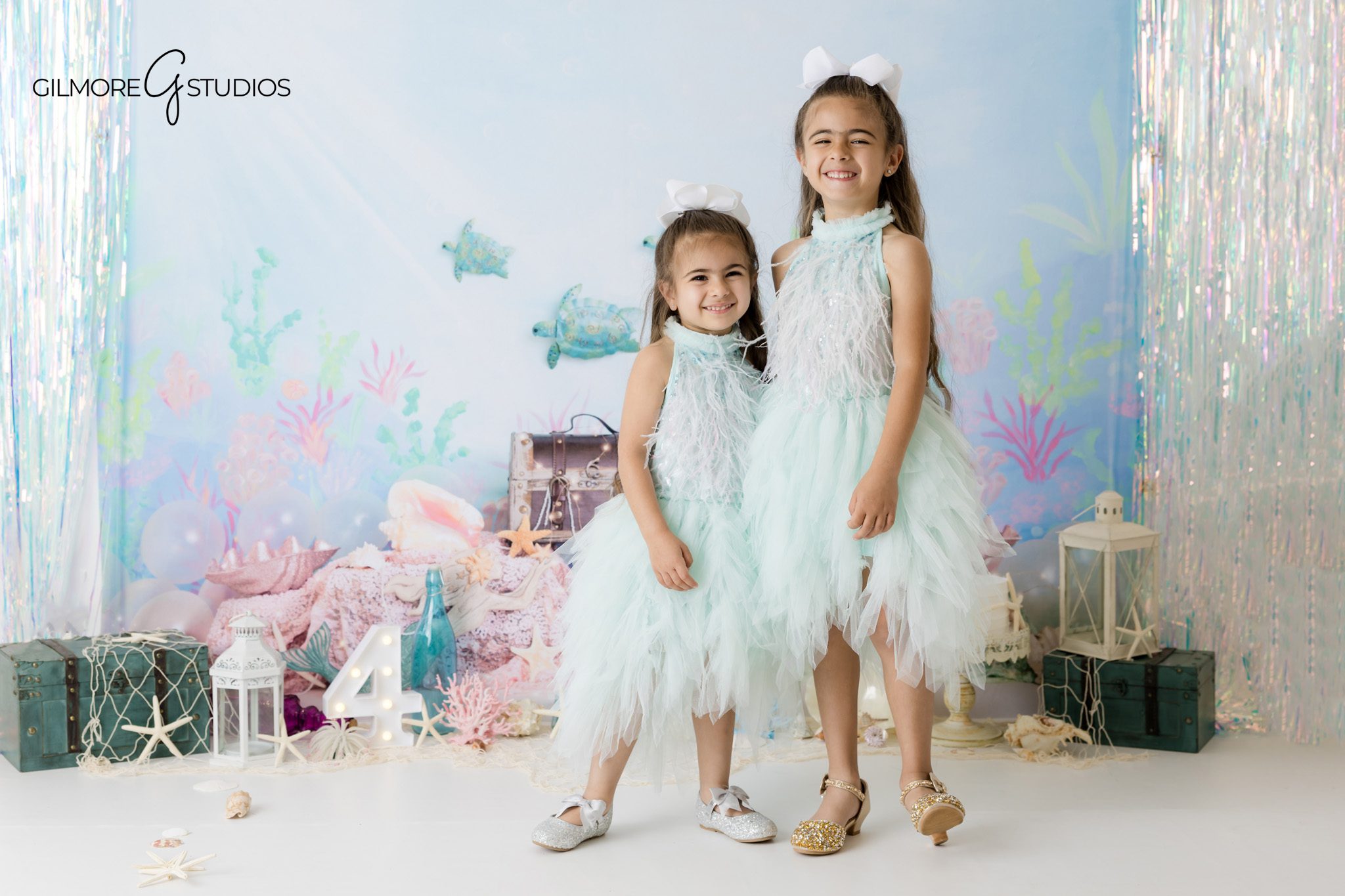 mermaid themed birthday portraits with white studio backdrop, girls personality portrait session Arizona