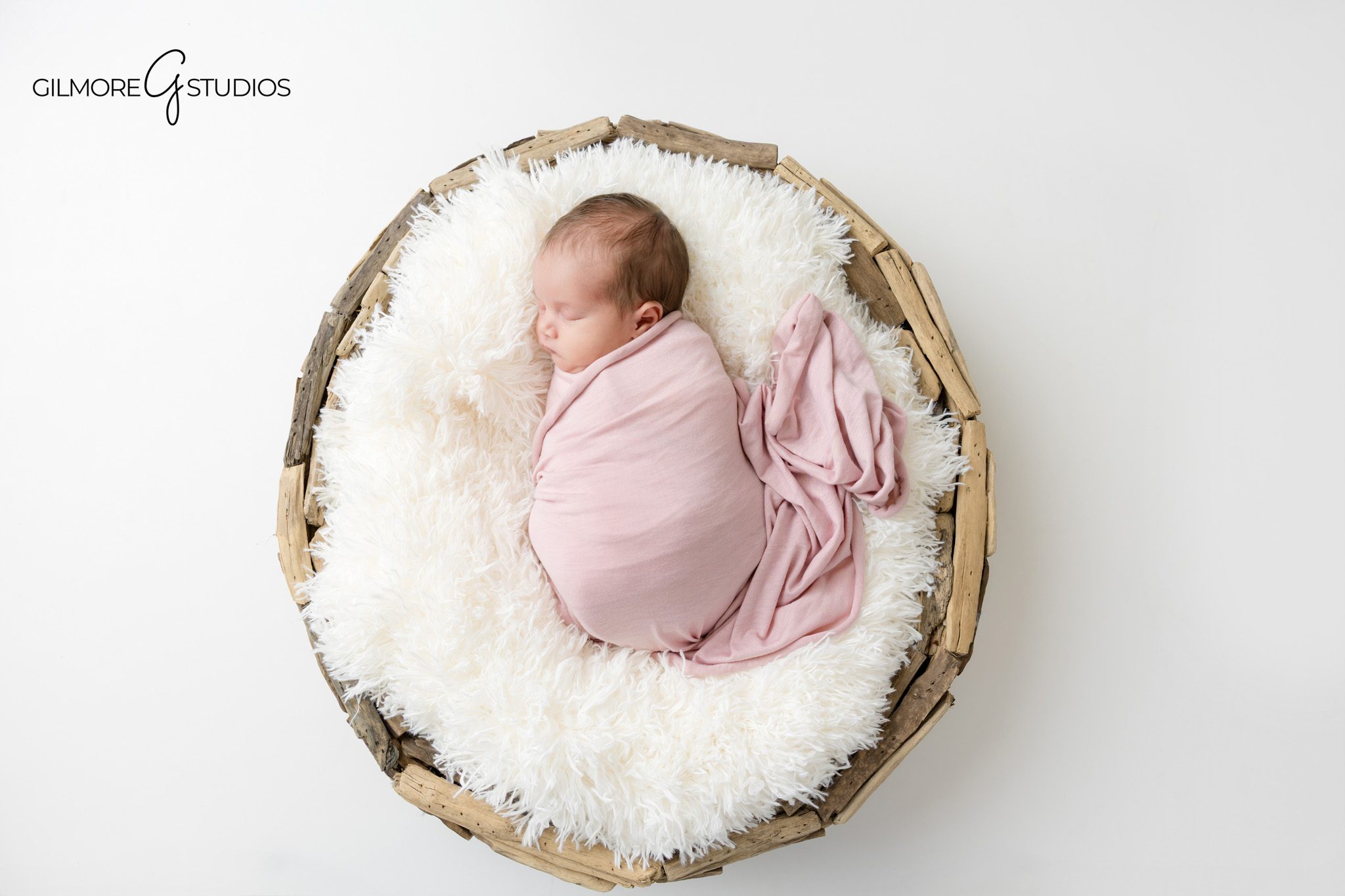 Professional newborn baby portrait Gilbert AZ featuring sleeping infant in basket setup