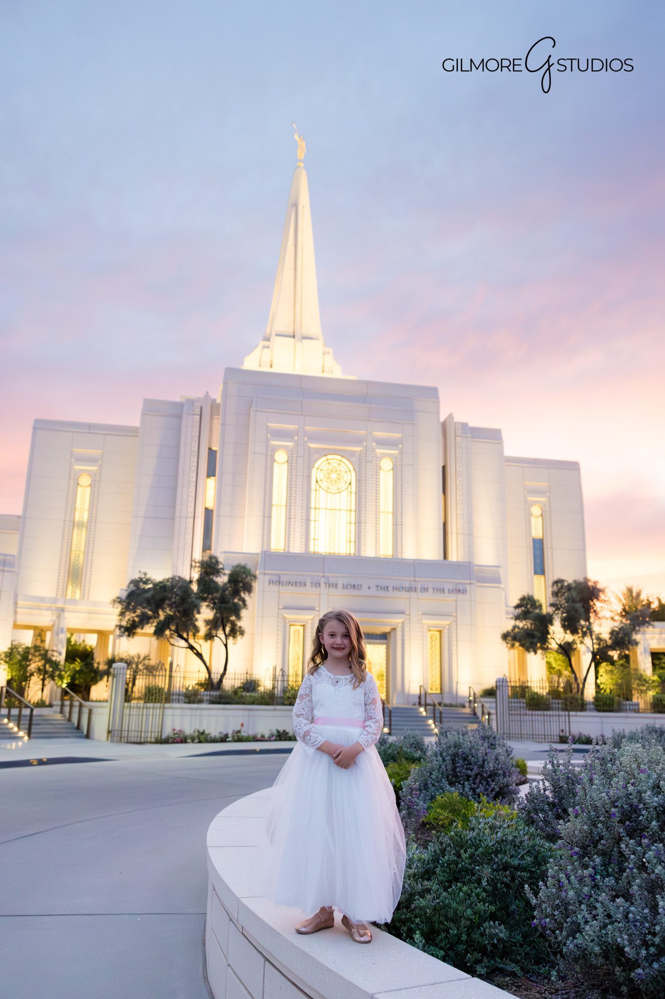 Gilbert Arizona portrait photographer for LDS baptism milestone sessions
Temple baptism portraits with white dress and sunset glow in Gilbert Arizona