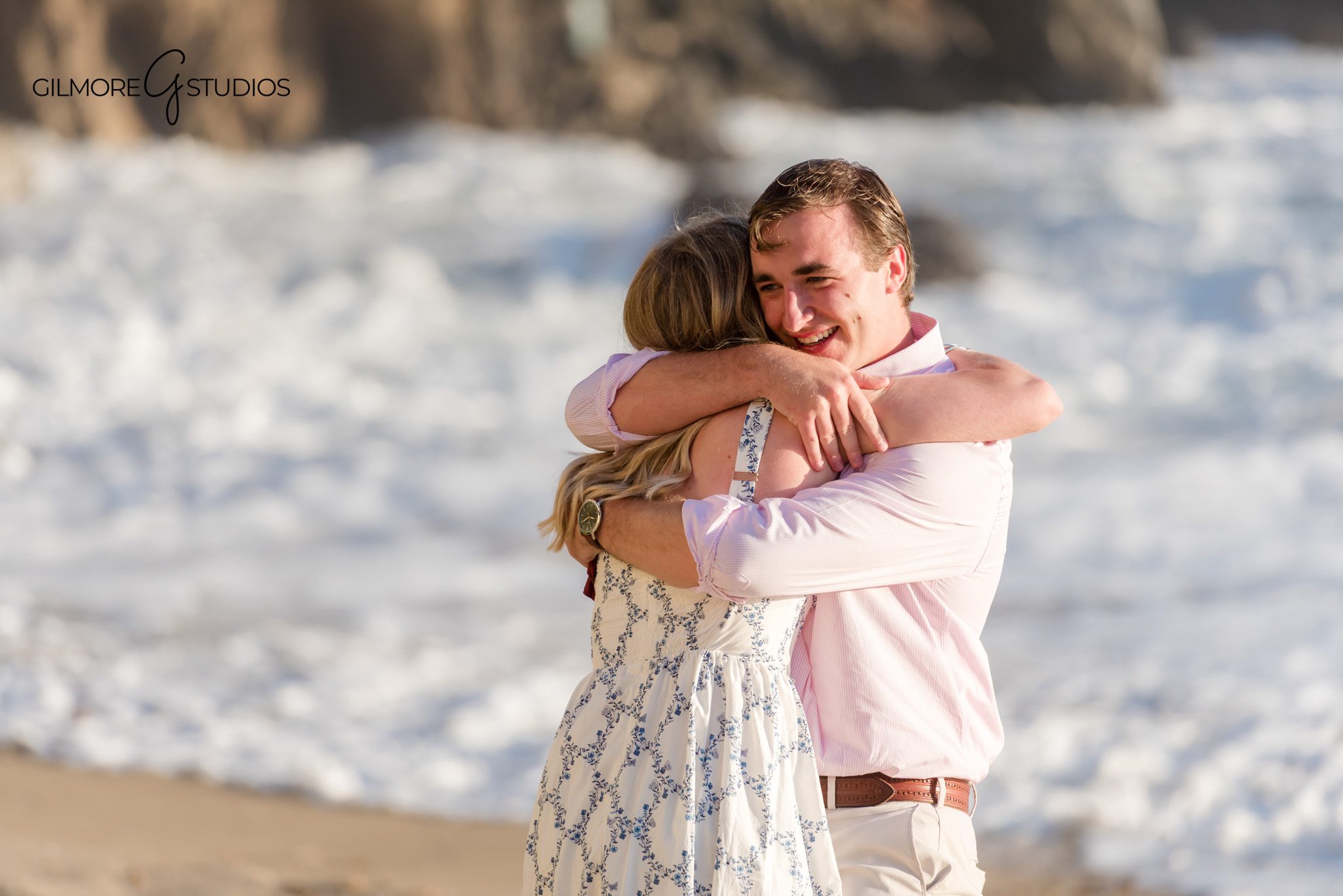 Emerald Bay beach engagement photos with soft California sunset light
Surprise proposal photography at Emerald Bay in Orange County