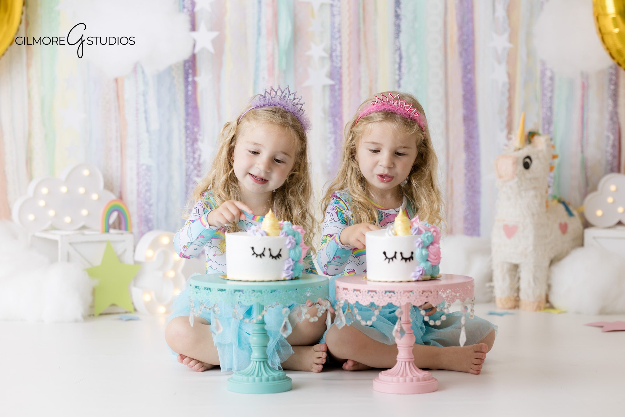Unicorn birthday photoshoot for twin girls at Gilmore Studios in Newport Beach
Newport Beach birthday photographer capturing a unicorn theme session for twins