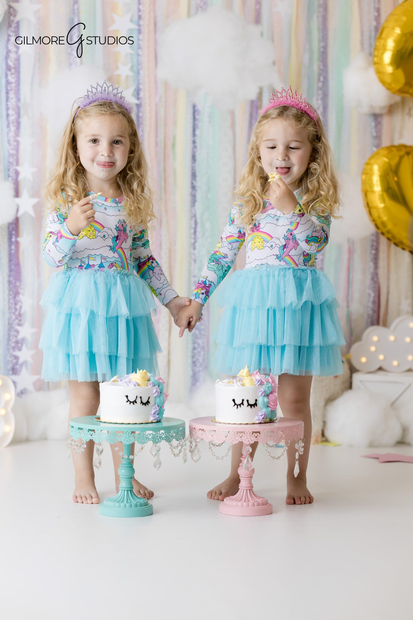 Gilmore Studios photographing twin girls during a unicorn birthday session
Pastel unicorn birthday portraits for twin girls in Newport Beach