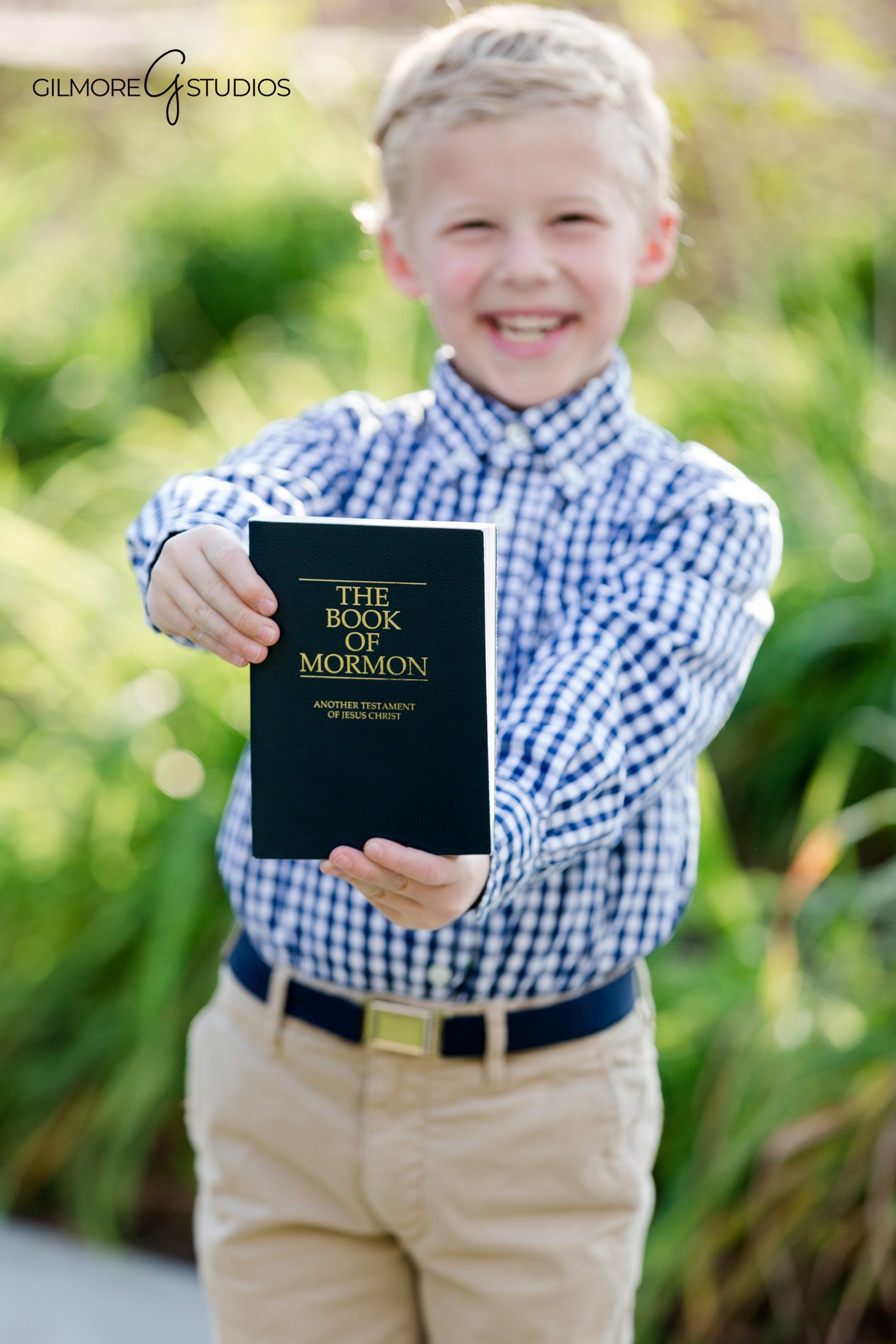 Newport Beach California Temple baptism photo session for eight year old boy
Child standing on temple grounds for baptism portraits in Newport Beach