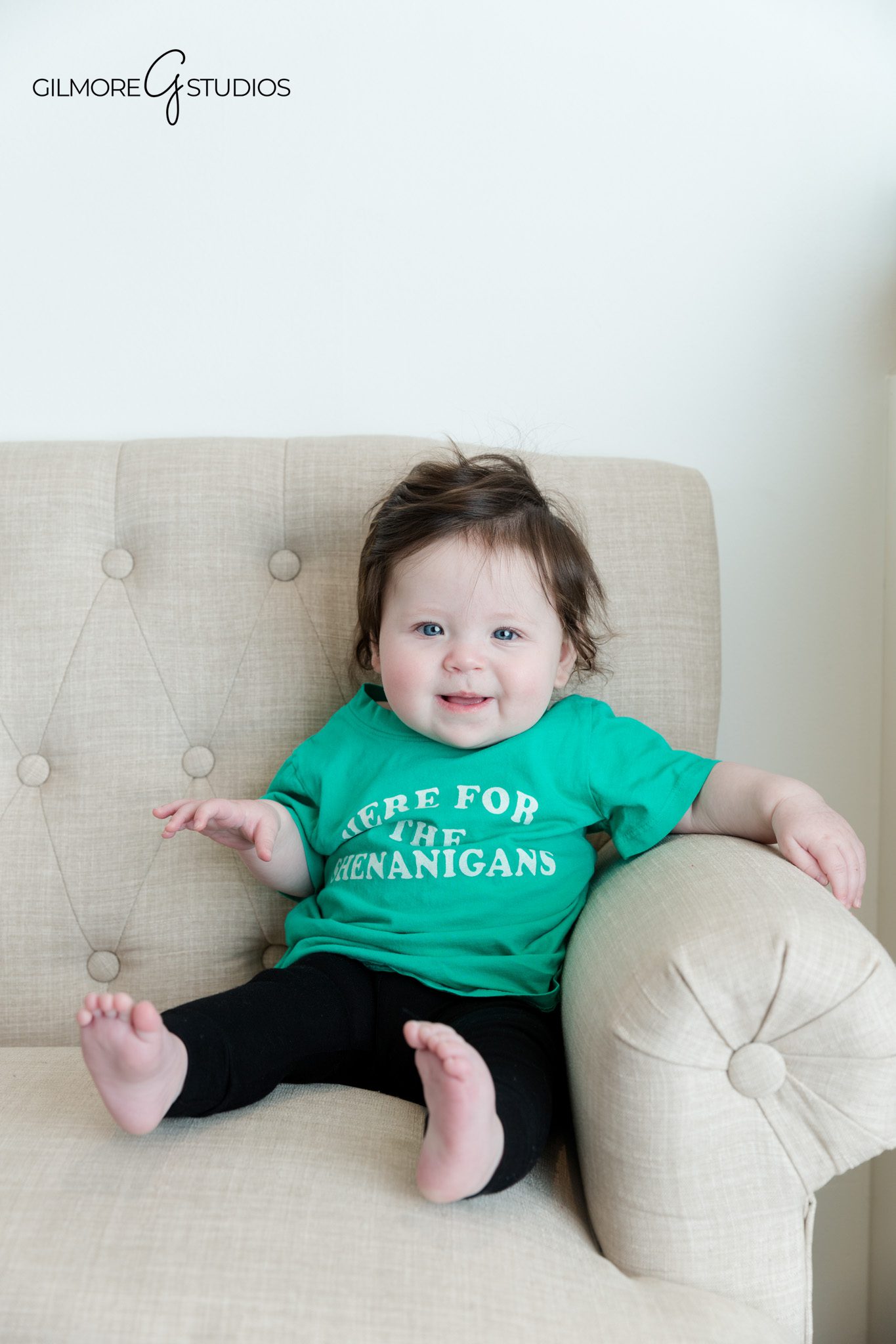 Baby sitting up portrait with chubby hands and tiny feet
Orange County baby photographer capturing first year milestone photos