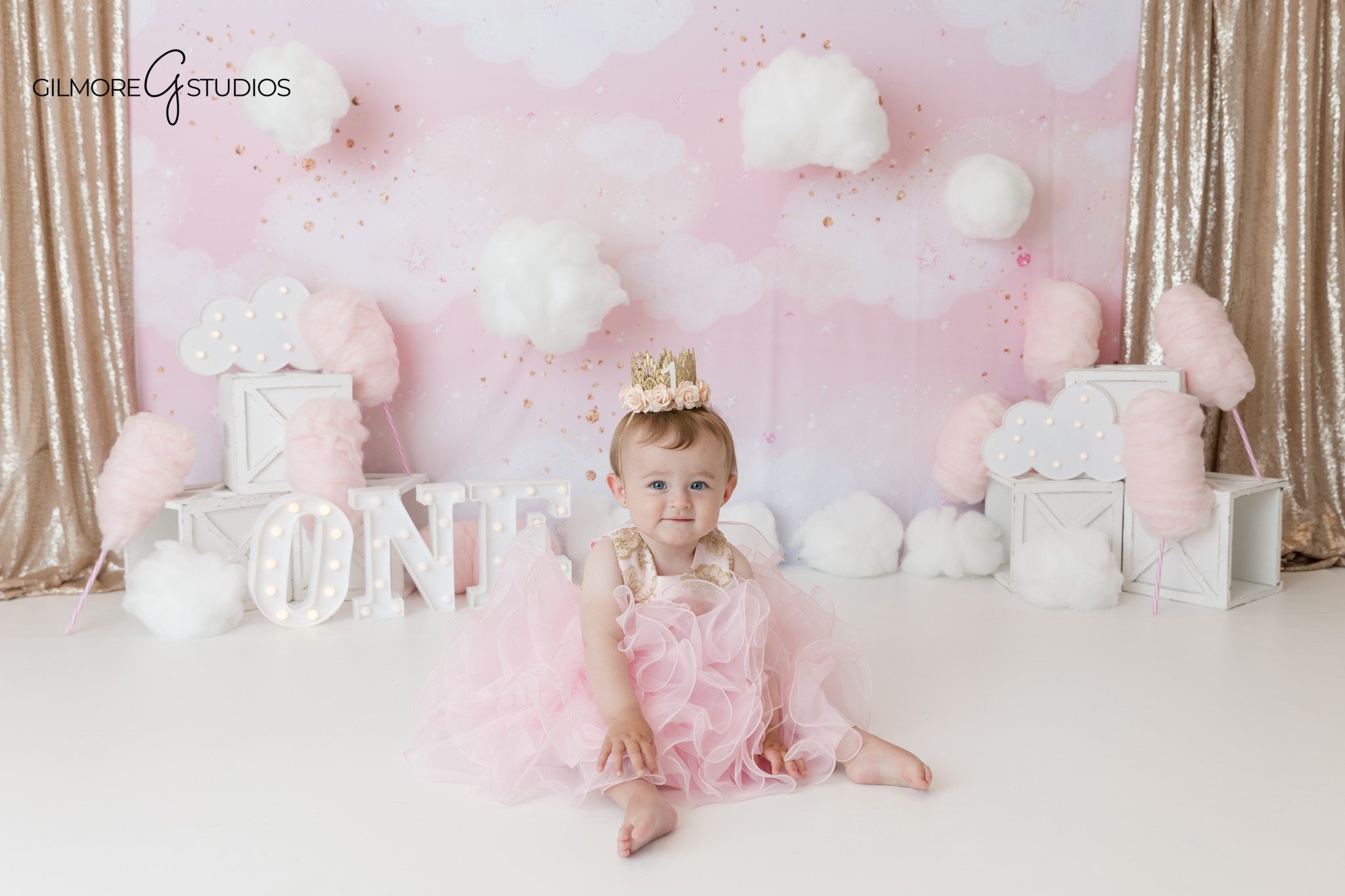 Newport Beach baby photographer cotton candy clouds cake smash session
Cotton Candy Clouds first birthday cake smash at Gilmore Studios