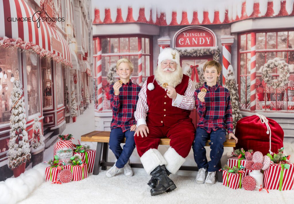 Classic Santa portrait with two boys and Christmas cookies
Queen Creek Christmas photographer capturing siblings with Santa
