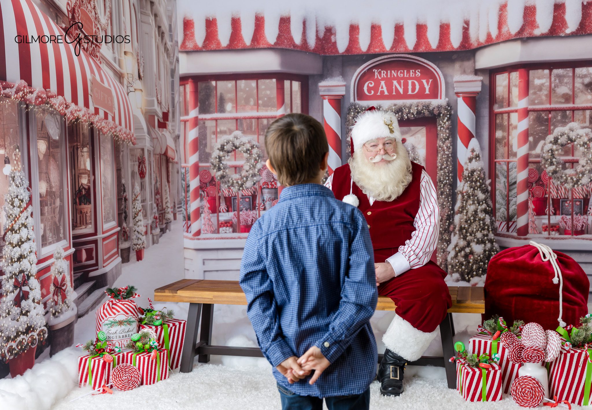 Professional Santa photos near Gilbert with child sitting beside Santa
Gilmore Studios Santa session with boy and Christmas storybook