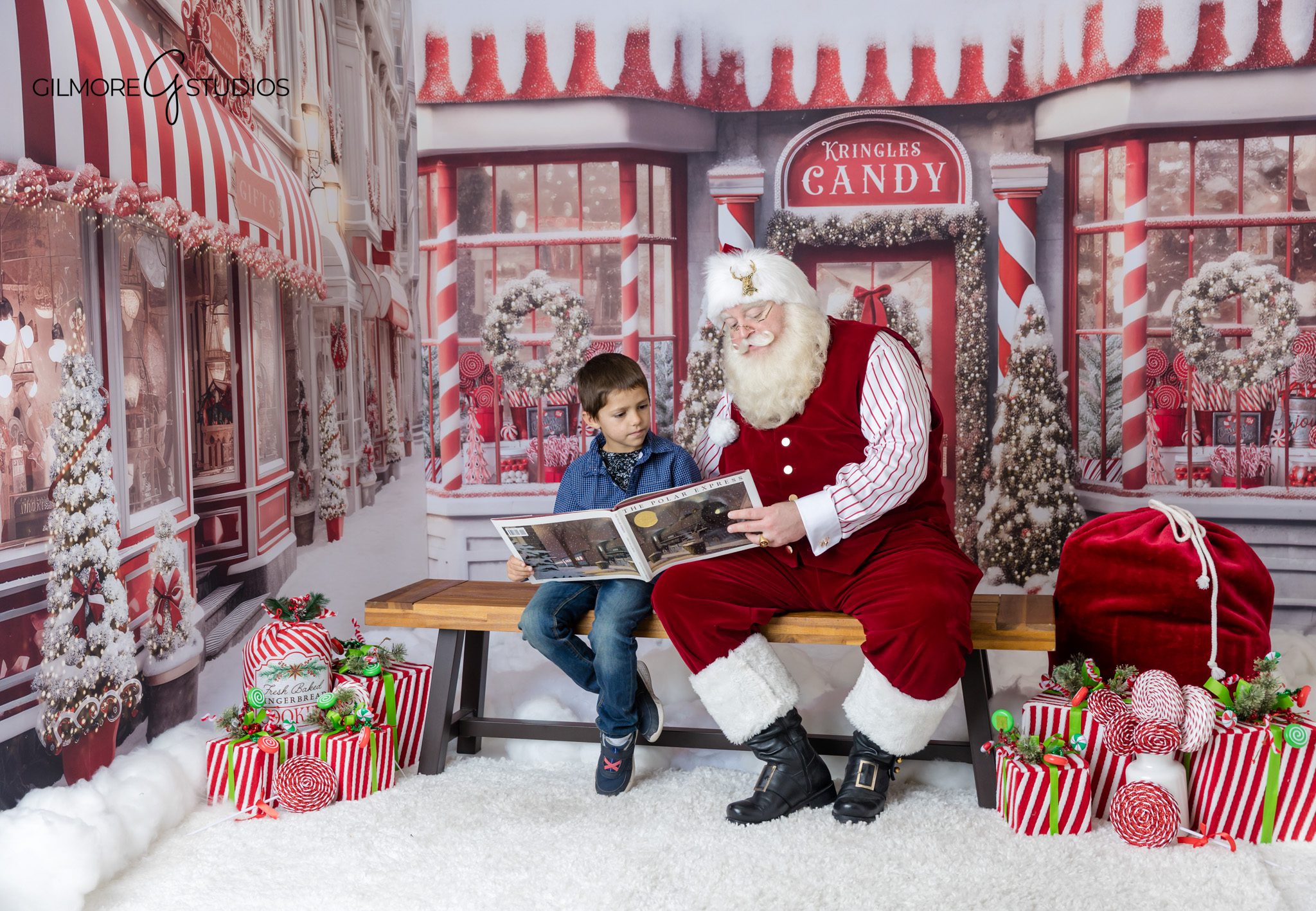 Child meeting Santa in candy shop Christmas set
Santa experience with young girl near Gilbert Arizona