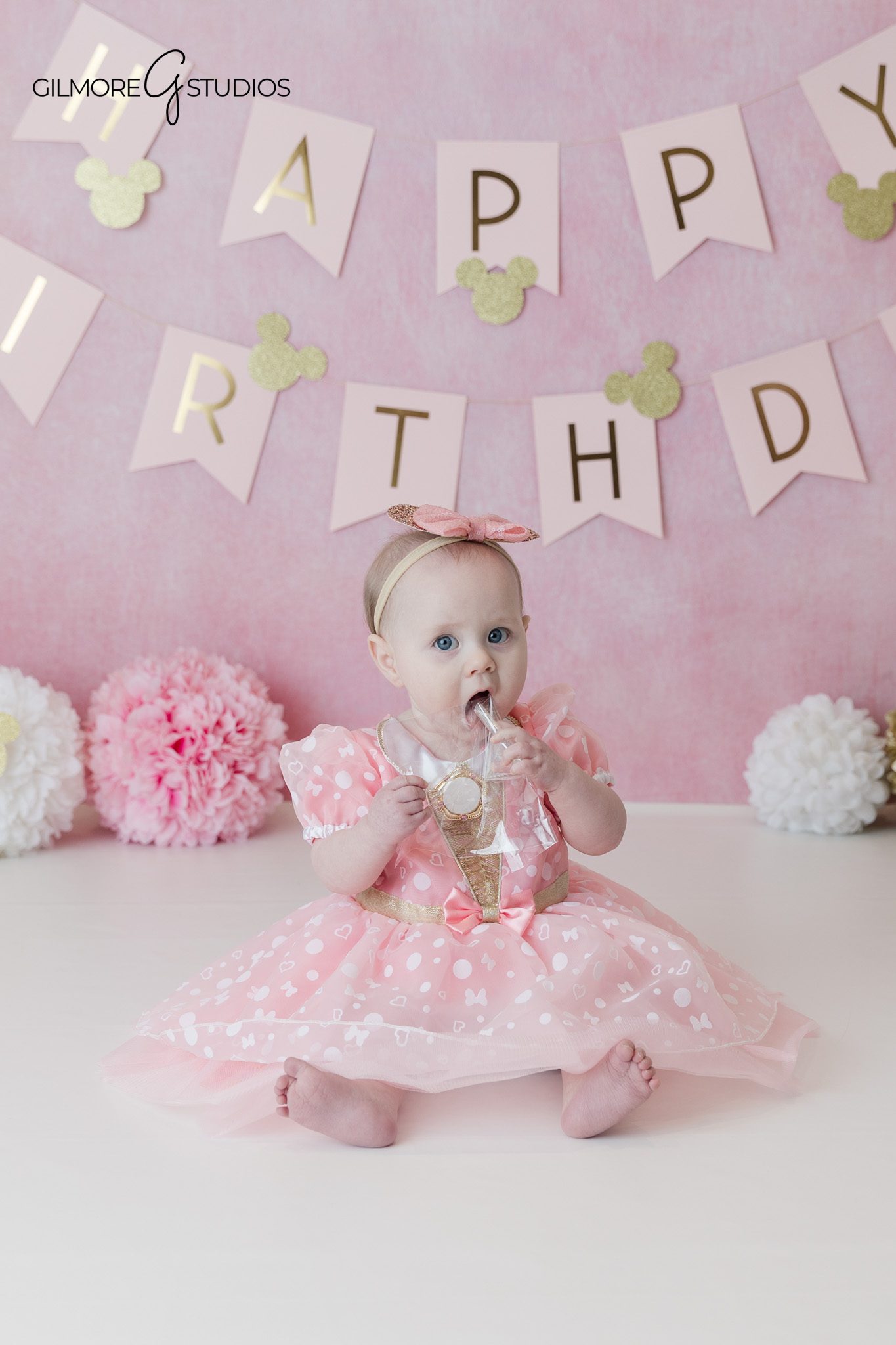 One year milestone portrait with pink birthday backdrop
Queen Creek cake smash photographer for baby girl first birthday